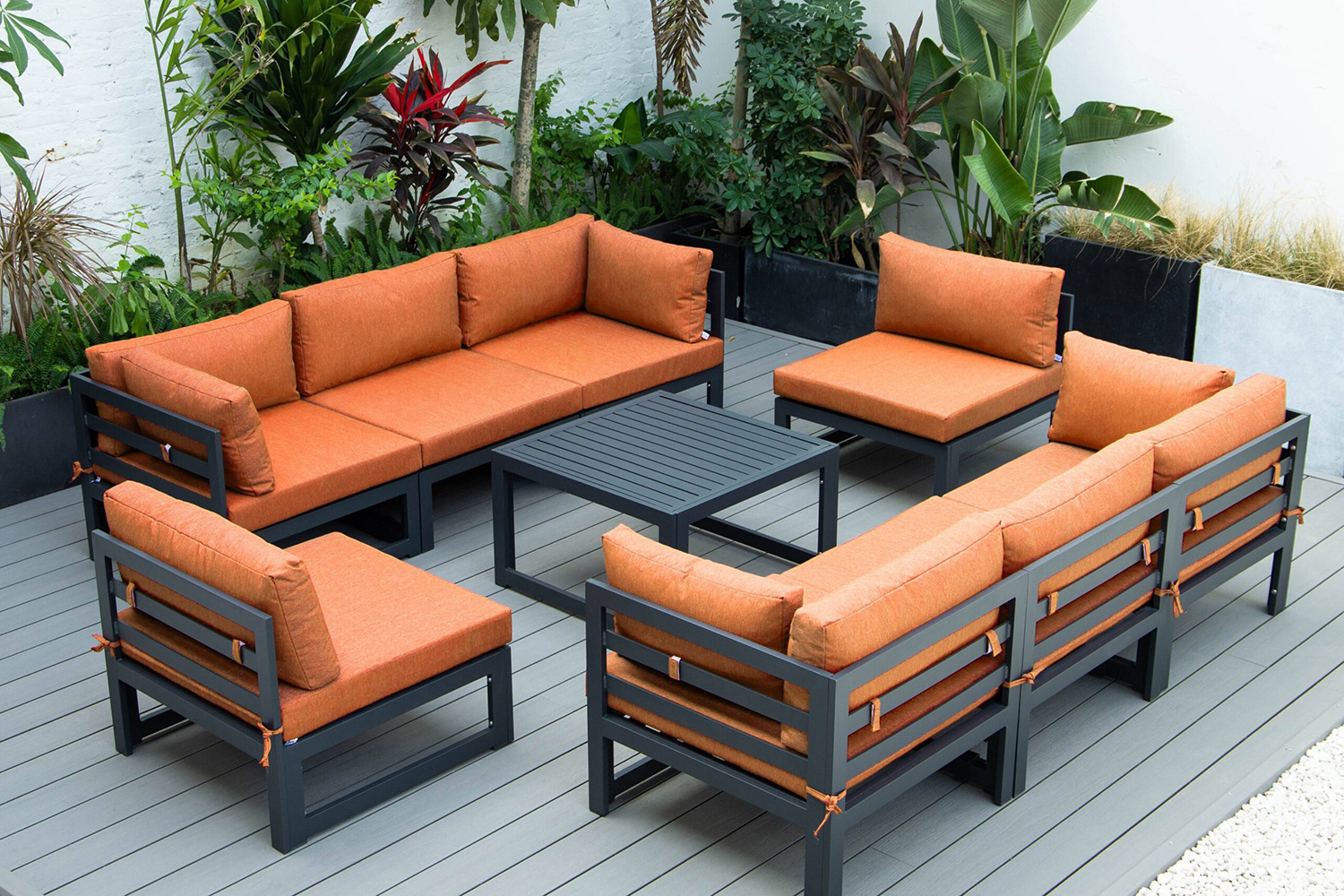 LeisureMod Chelsea 9-Piece Patio Sectional with Coffee Table Black Aluminum with Cushions