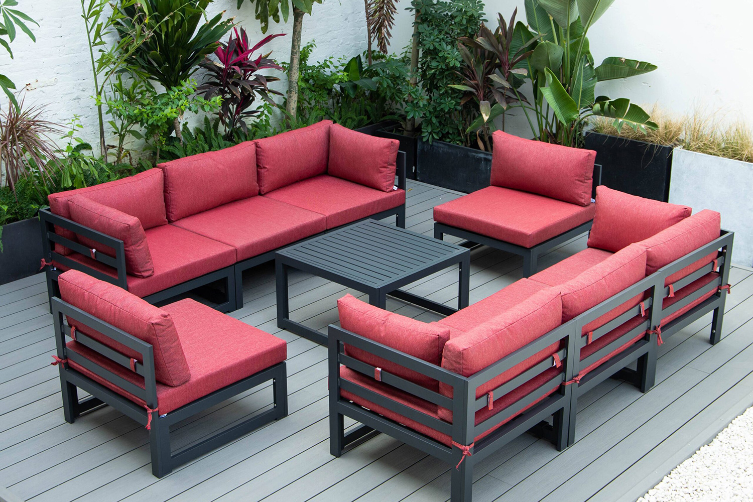 LeisureMod Chelsea 9-Piece Patio Sectional with Coffee Table Black Aluminum with Cushions