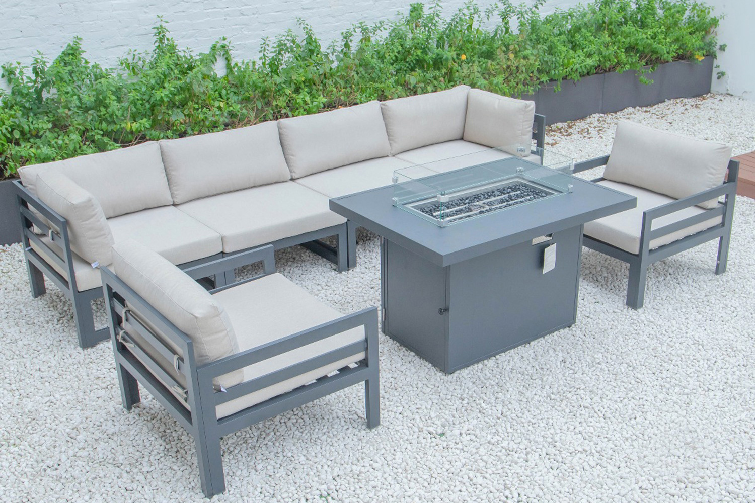 LeisureMod Chelsea 7-Piece Patio Sectional with 2 Arm Chairs and Fire Pit Table Black Aluminum with Cushions - Beige