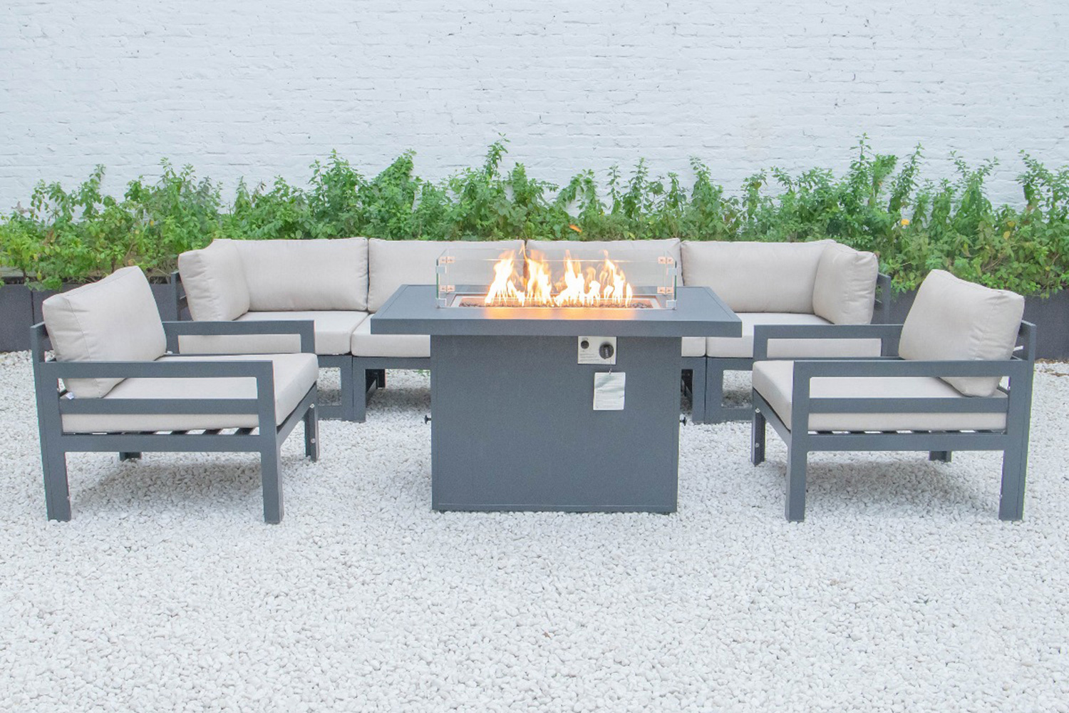 LeisureMod Chelsea 7-Piece Patio Sectional with 2 Arm Chairs and Fire Pit Table Black Aluminum with Cushions - Beige