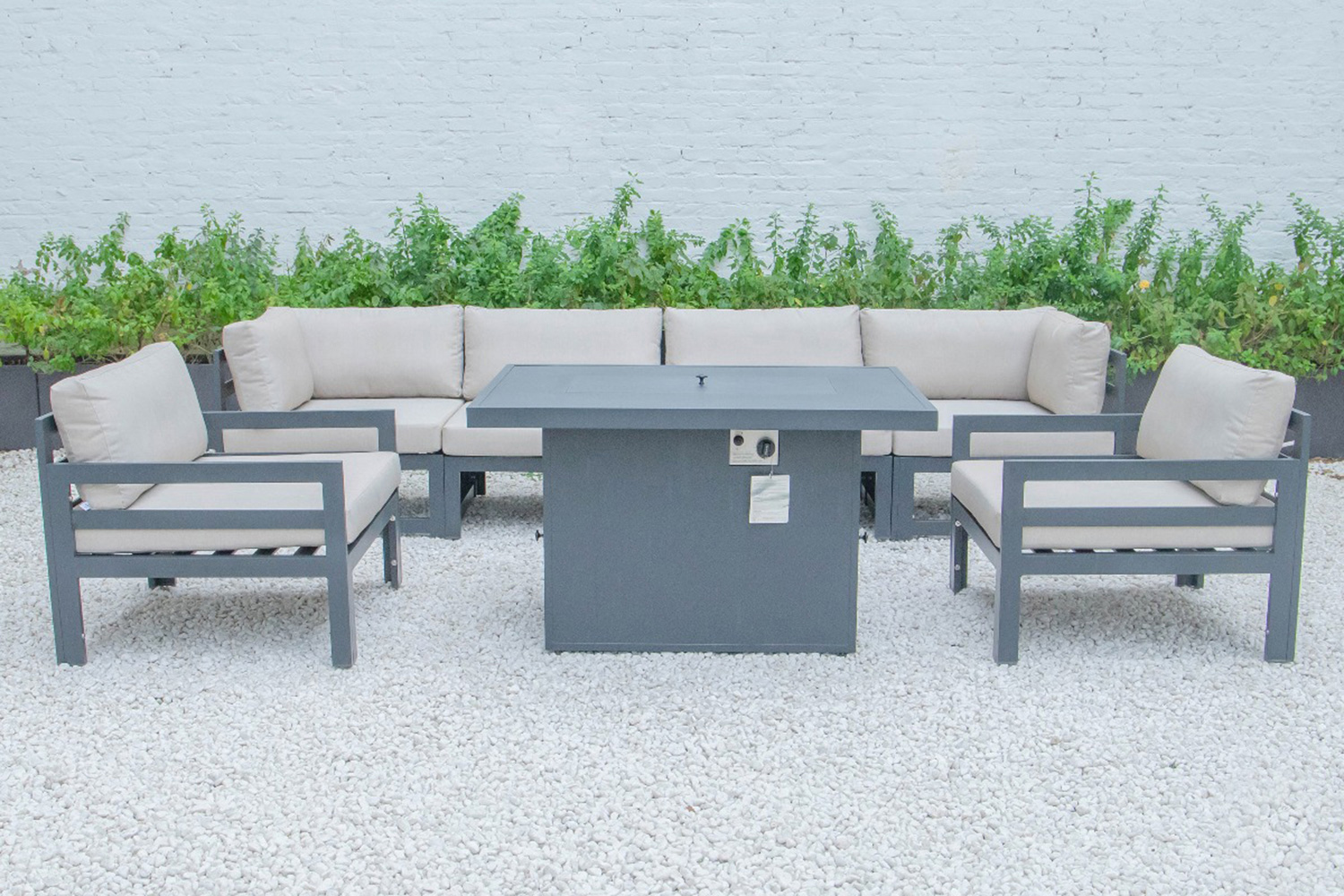 LeisureMod Chelsea 7-Piece Patio Sectional with 2 Arm Chairs and Fire Pit Table Black Aluminum with Cushions - Beige