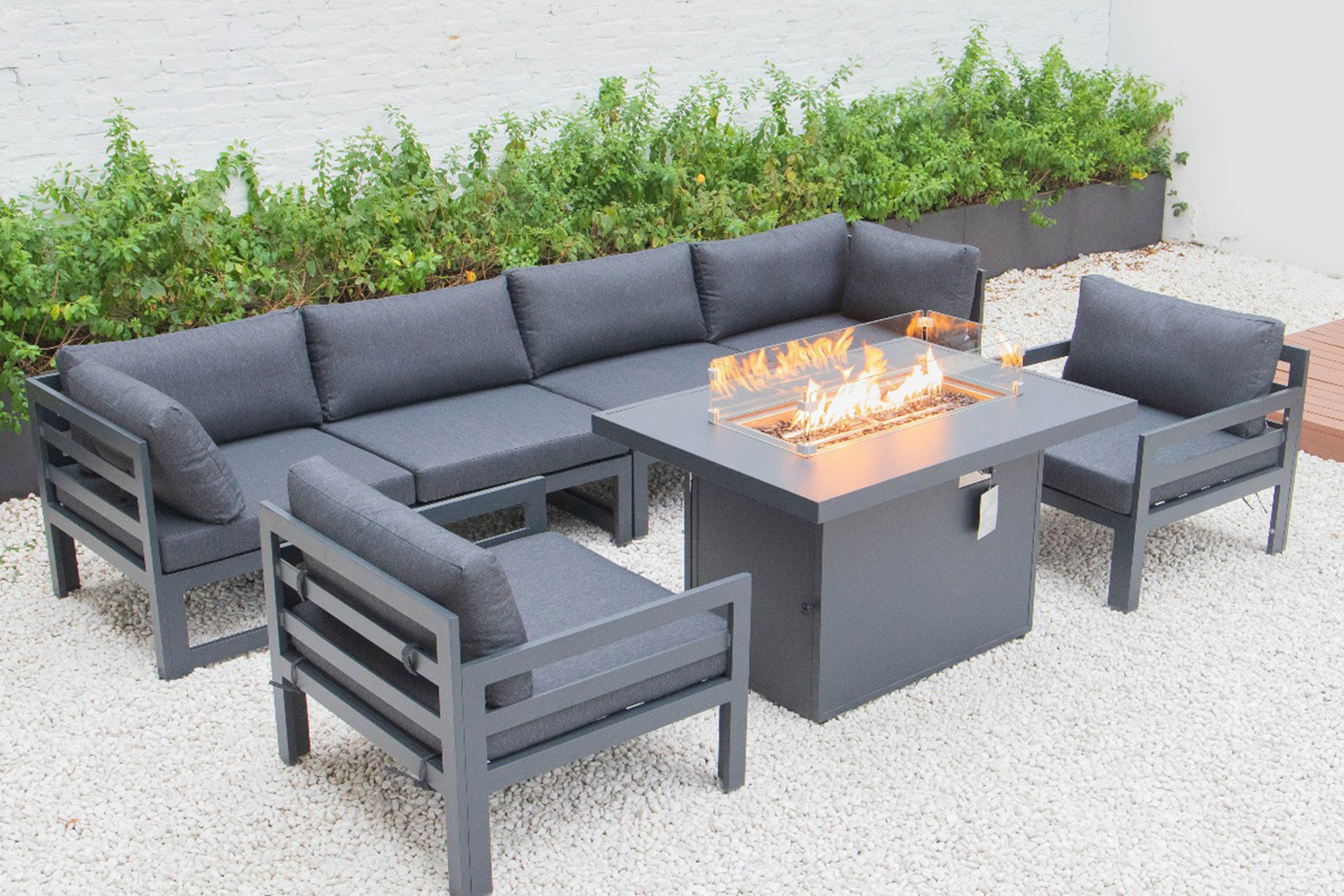 LeisureMod Chelsea 7-Piece Patio Sectional with 2 Arm Chairs and Fire Pit Table Black Aluminum with Cushions