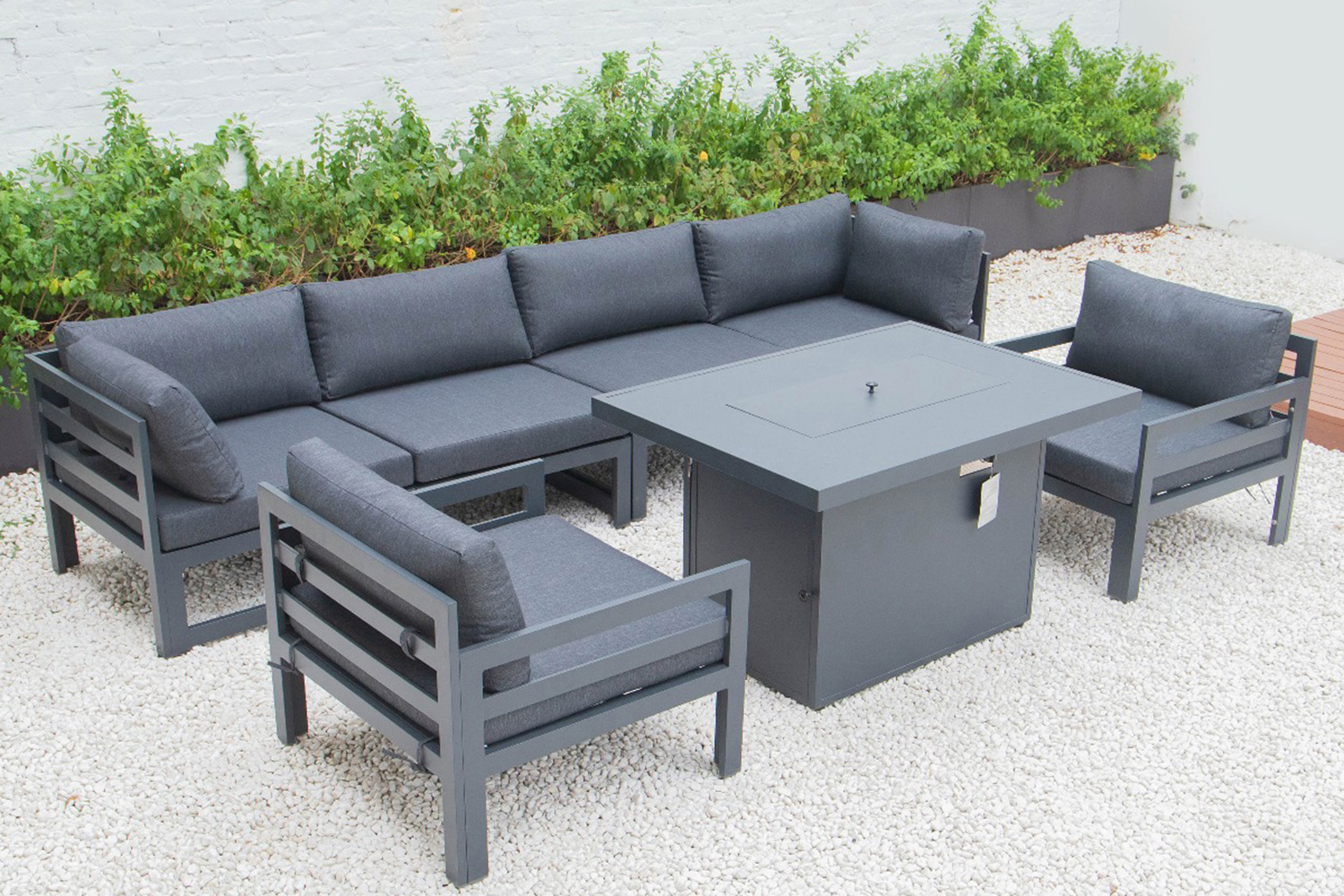 LeisureMod Chelsea 7-Piece Patio Sectional with 2 Arm Chairs and Fire Pit Table Black Aluminum with Cushions - Black