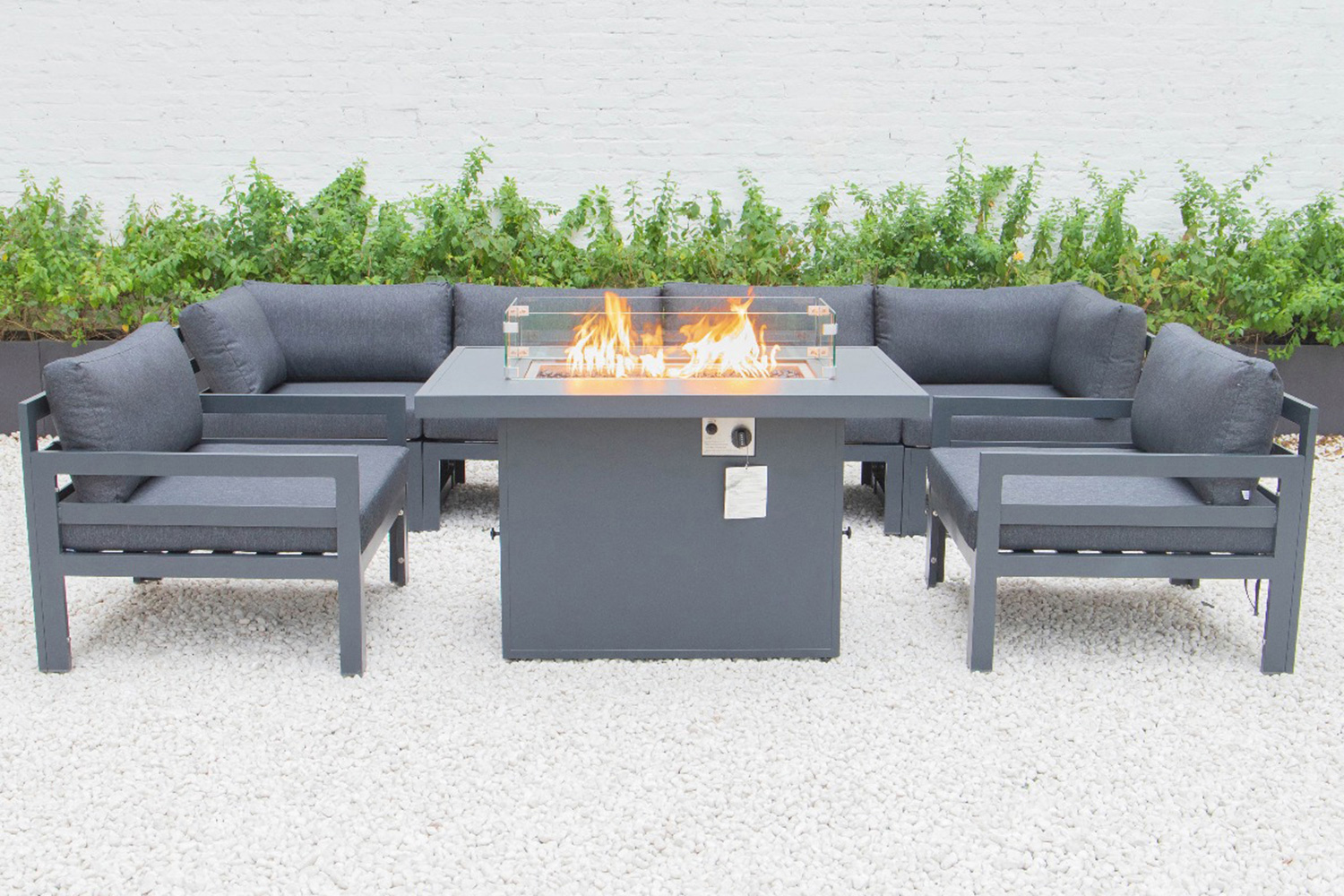 LeisureMod Chelsea 7-Piece Patio Sectional with 2 Arm Chairs and Fire Pit Table Black Aluminum with Cushions - Black