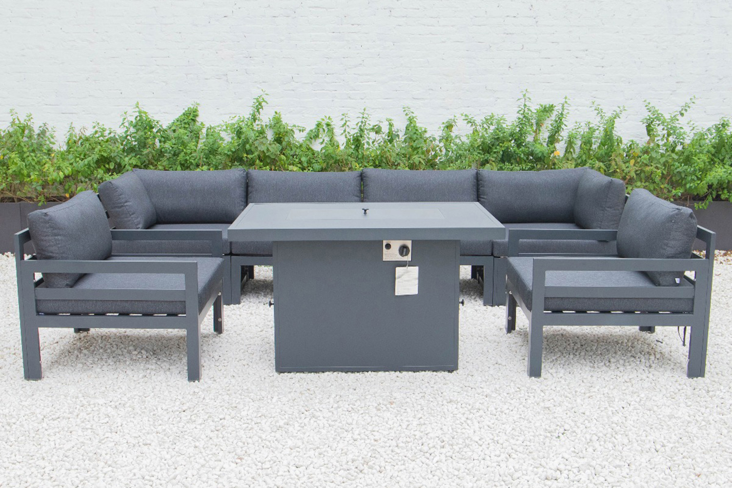 LeisureMod Chelsea 7-Piece Patio Sectional with 2 Arm Chairs and Fire Pit Table Black Aluminum with Cushions - Black