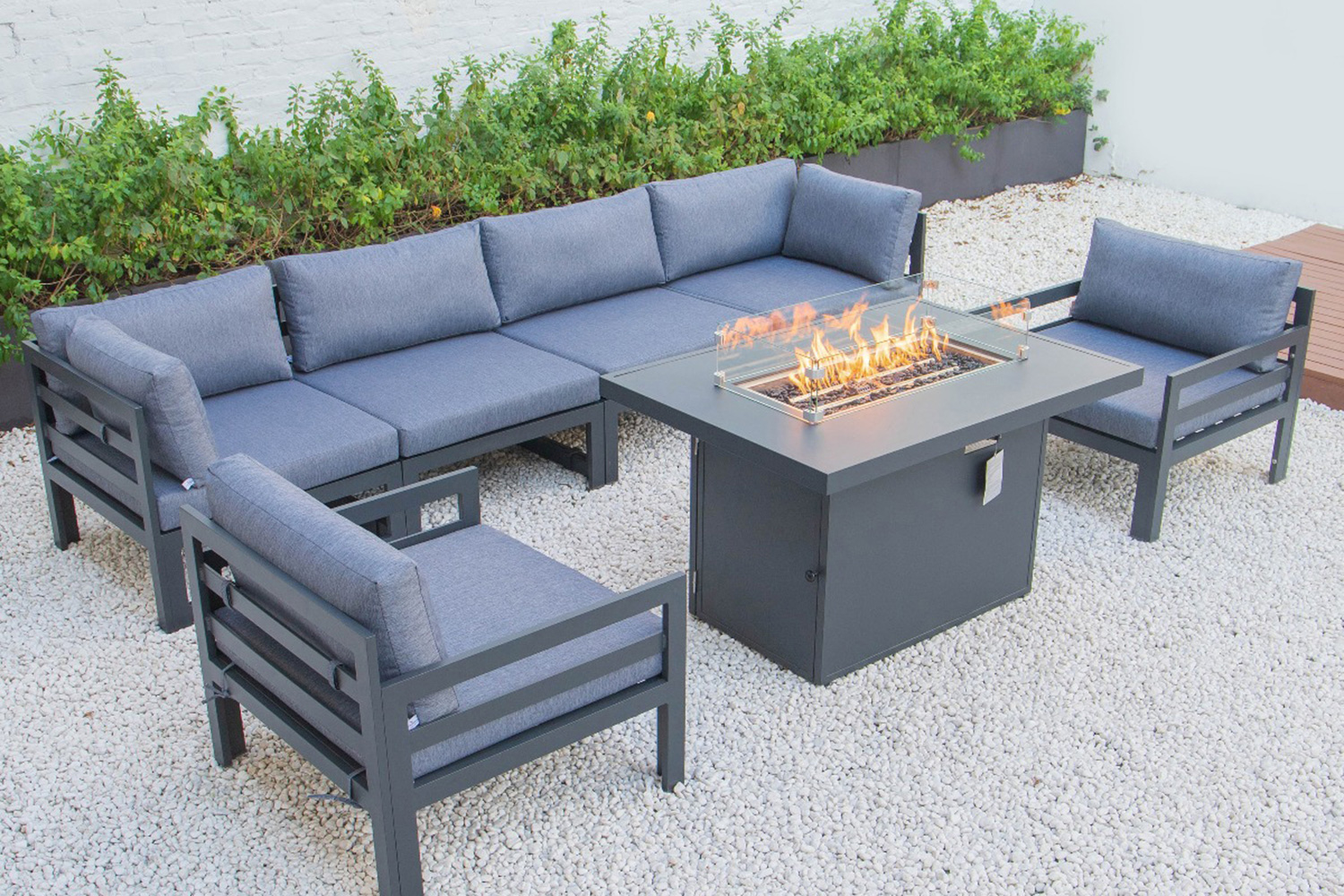 LeisureMod Chelsea 7-Piece Patio Sectional with 2 Arm Chairs and Fire Pit Table Black Aluminum with Cushions