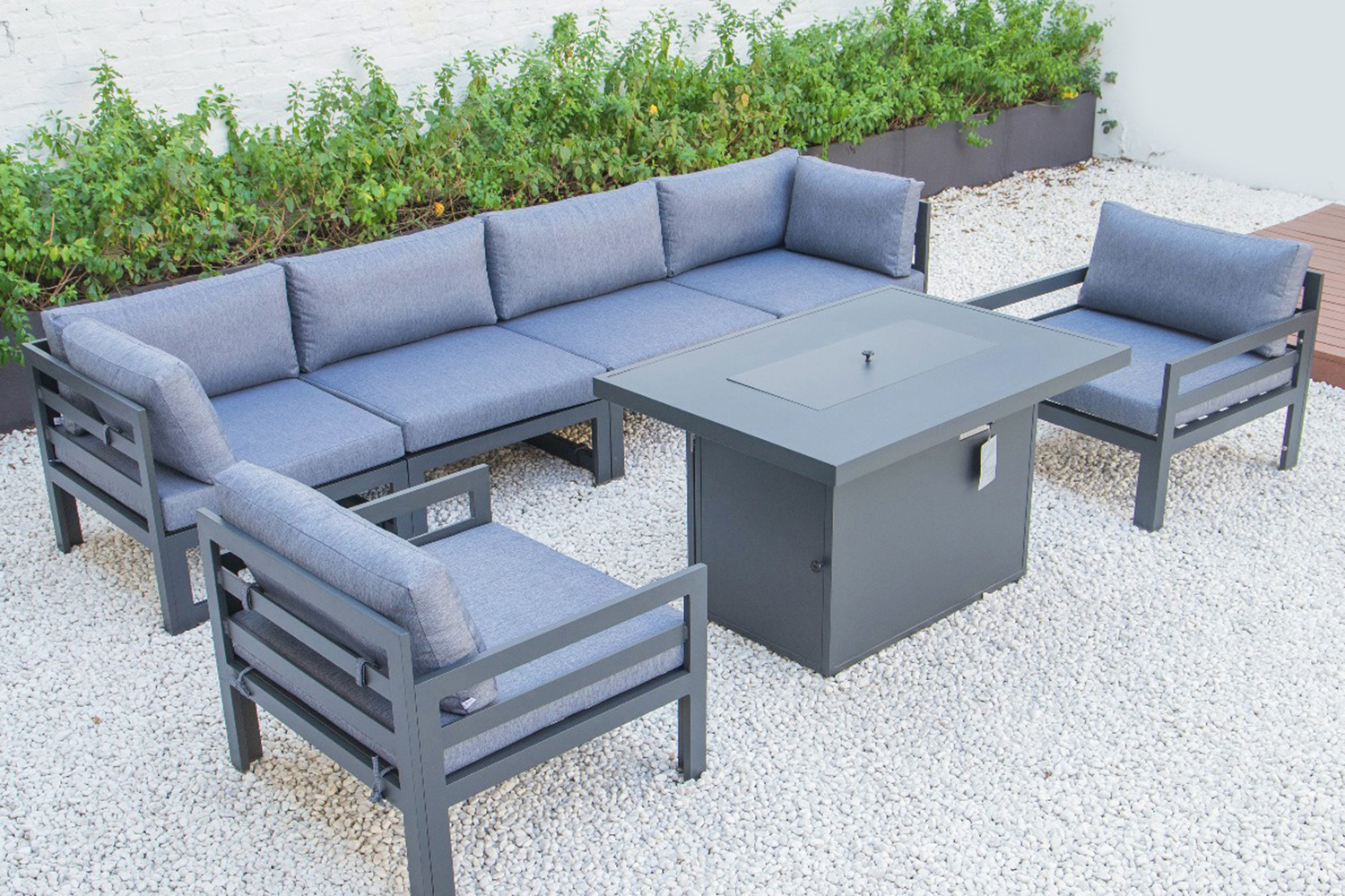 LeisureMod Chelsea 7-Piece Patio Sectional with 2 Arm Chairs and Fire Pit Table Black Aluminum with Cushions - Blue