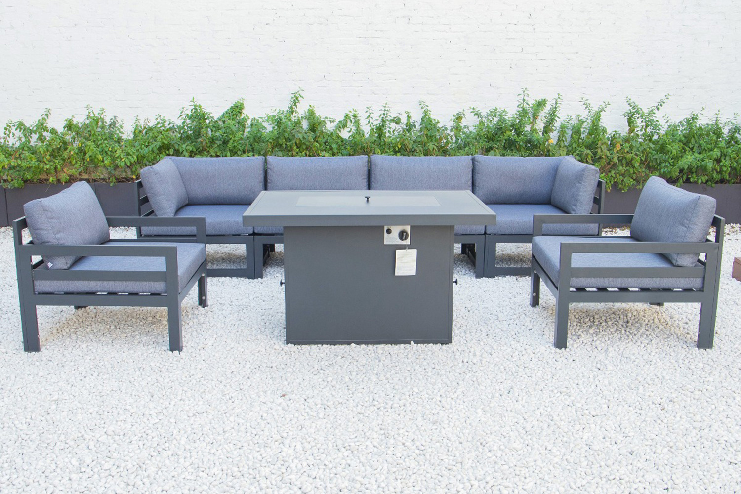 LeisureMod Chelsea 7-Piece Patio Sectional with 2 Arm Chairs and Fire Pit Table Black Aluminum with Cushions - Blue