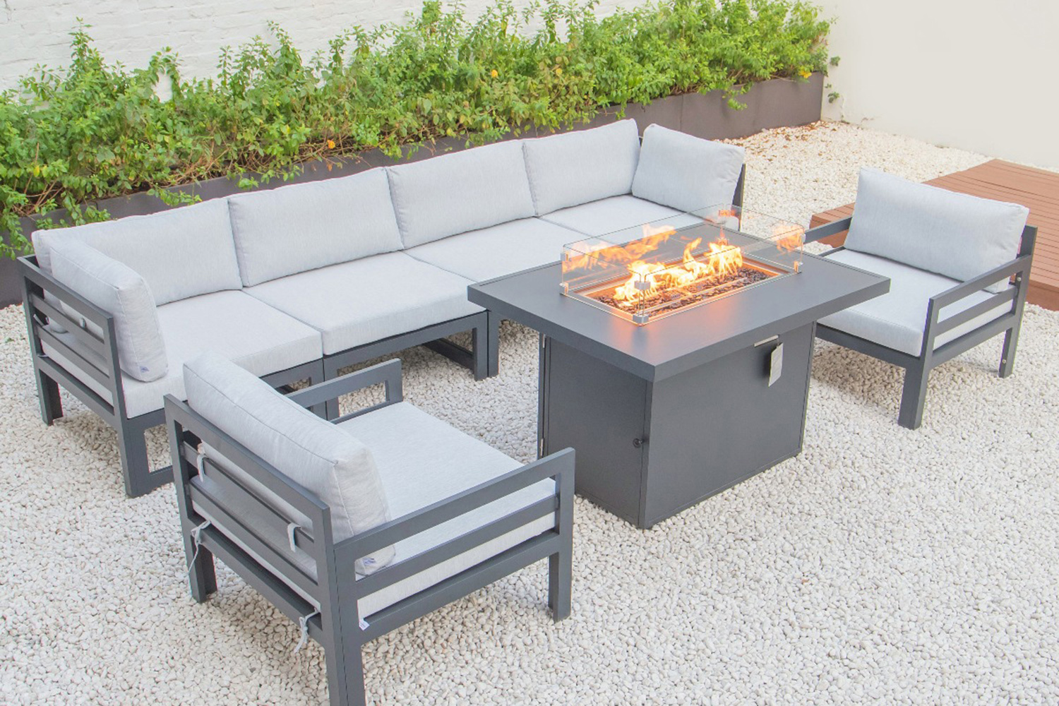 LeisureMod Chelsea 7-Piece Patio Sectional with 2 Arm Chairs and Fire Pit Table Black Aluminum with Cushions