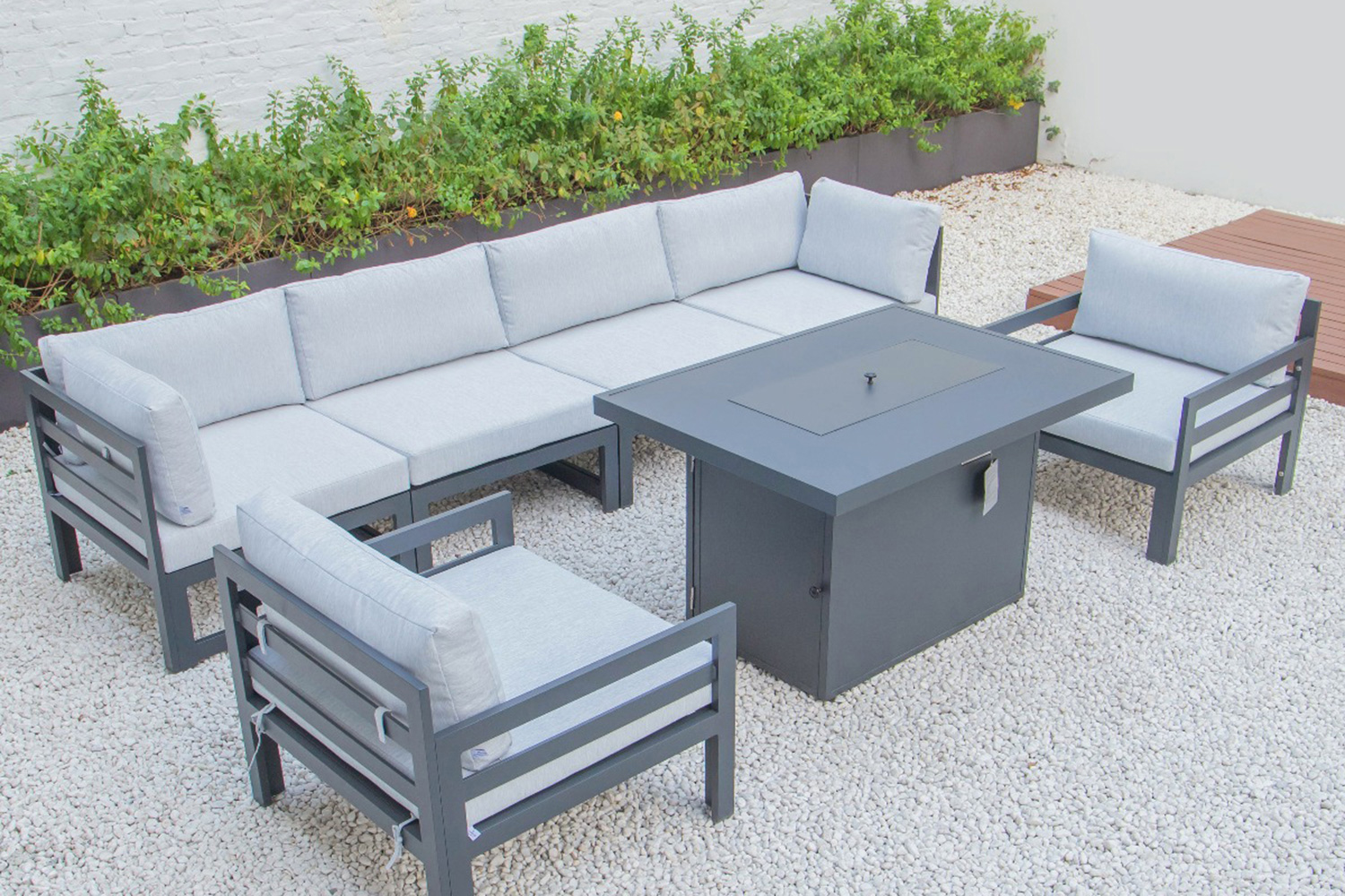 LeisureMod Chelsea 7-Piece Patio Sectional with 2 Arm Chairs and Fire Pit Table Black Aluminum with Cushions - Light Gray