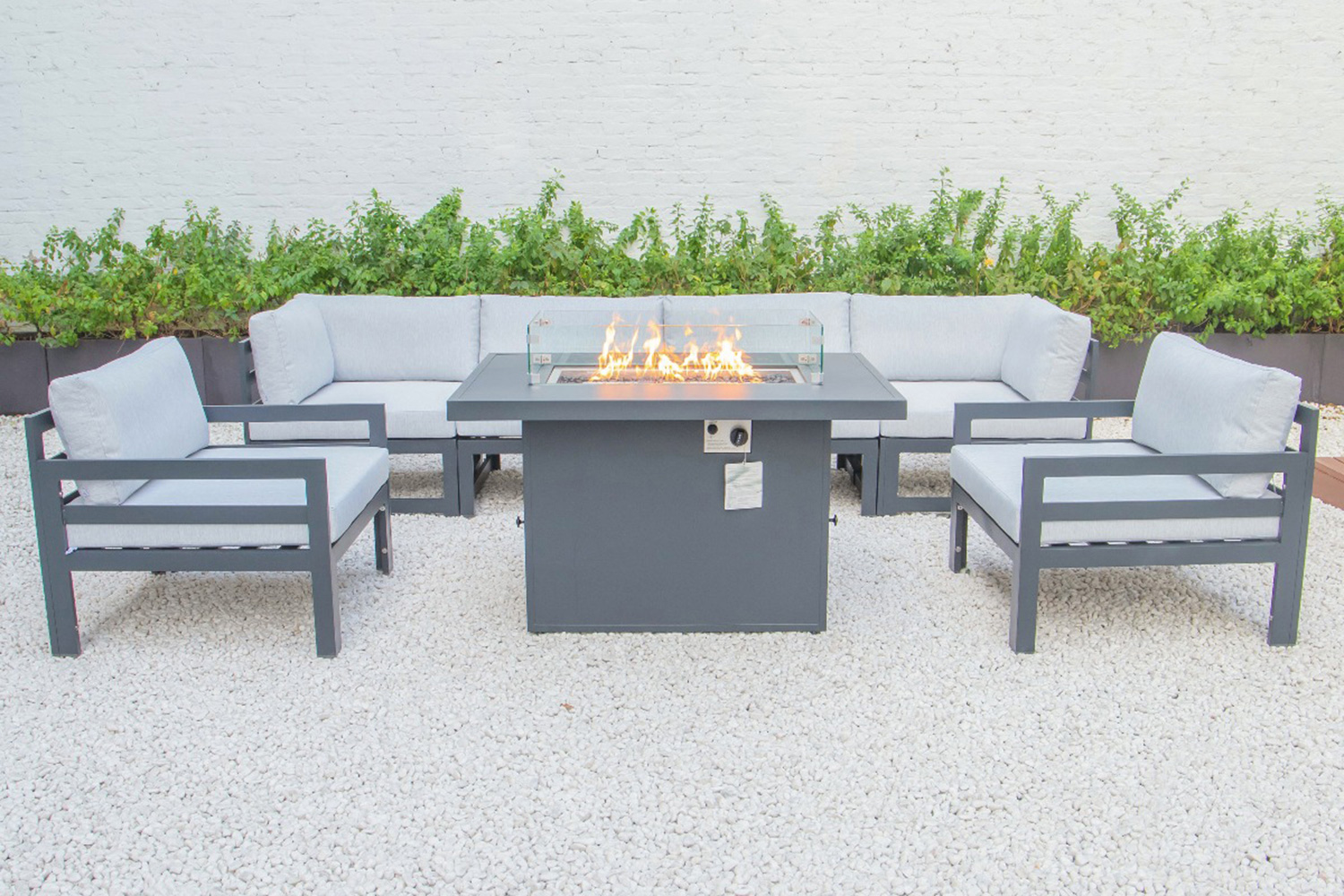 LeisureMod Chelsea 7-Piece Patio Sectional with 2 Arm Chairs and Fire Pit Table Black Aluminum with Cushions - Light Gray