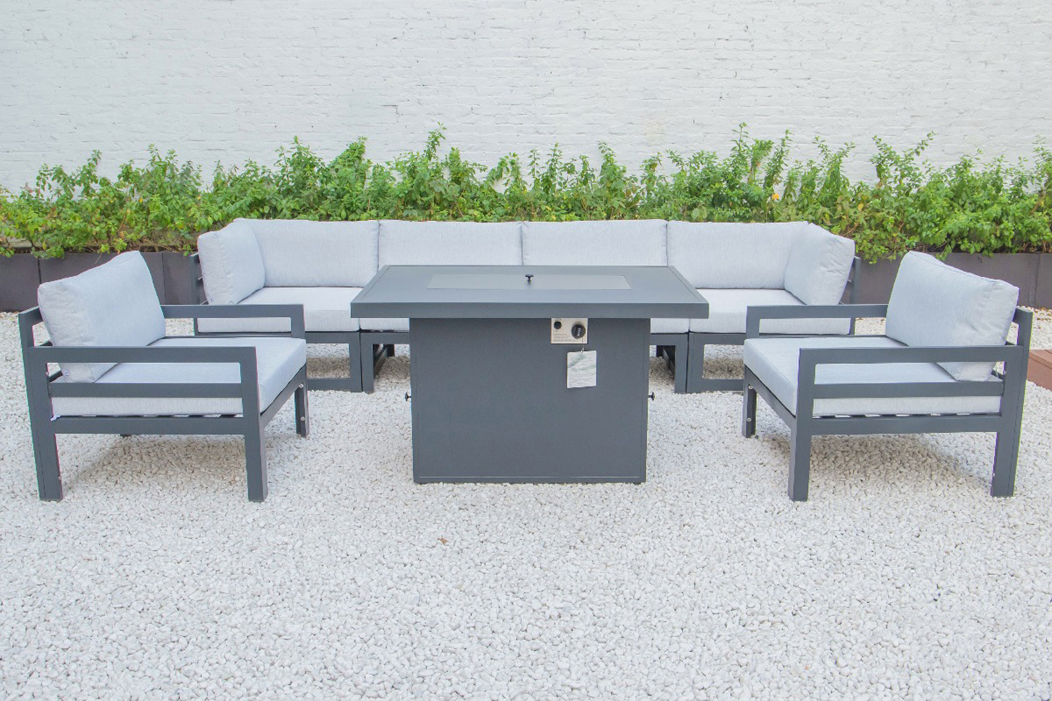 LeisureMod Chelsea 7-Piece Patio Sectional with 2 Arm Chairs and Fire Pit Table Black Aluminum with Cushions - Light Gray