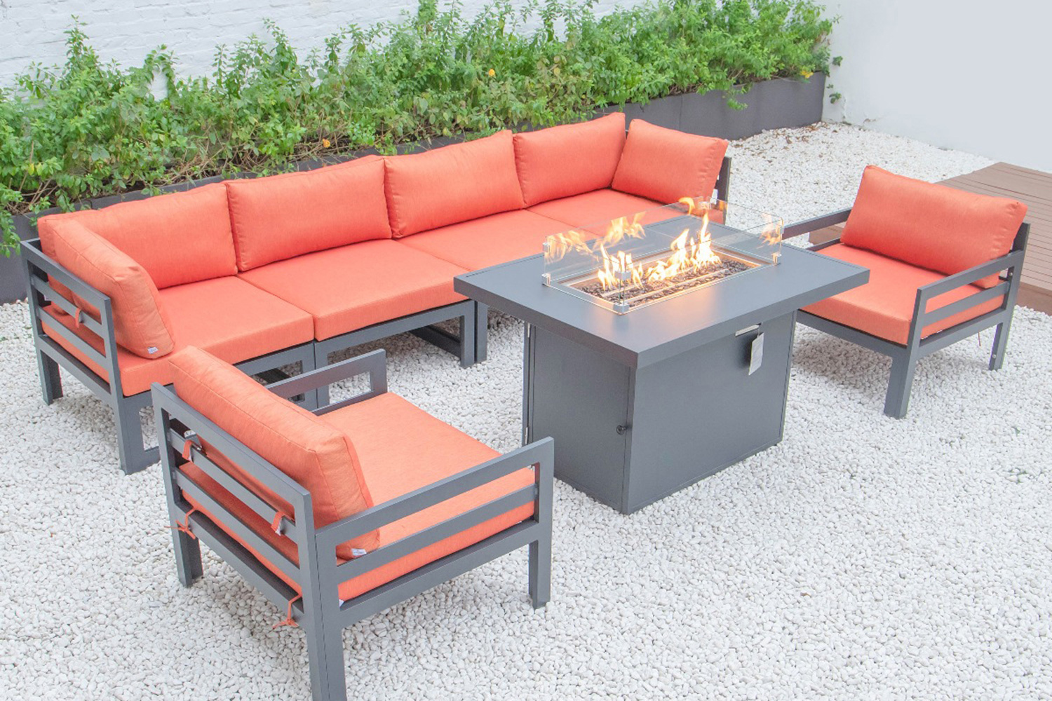 LeisureMod Chelsea 7-Piece Patio Sectional with 2 Arm Chairs and Fire Pit Table Black Aluminum with Cushions