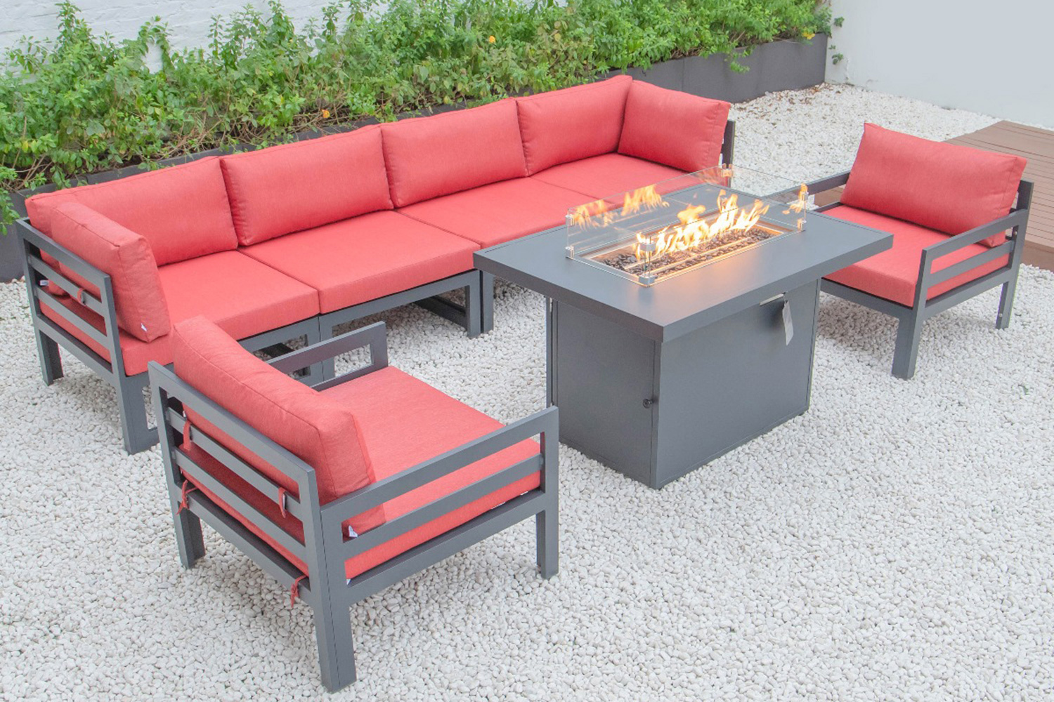 LeisureMod Chelsea 7-Piece Patio Sectional with 2 Arm Chairs and Fire Pit Table Black Aluminum with Cushions