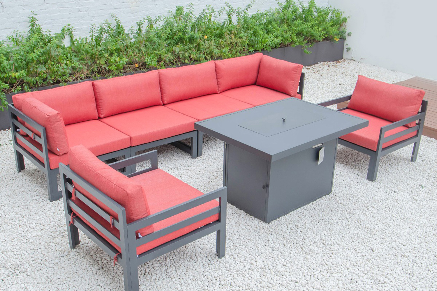 LeisureMod Chelsea 7-Piece Patio Sectional with 2 Arm Chairs and Fire Pit Table Black Aluminum with Cushions - Red