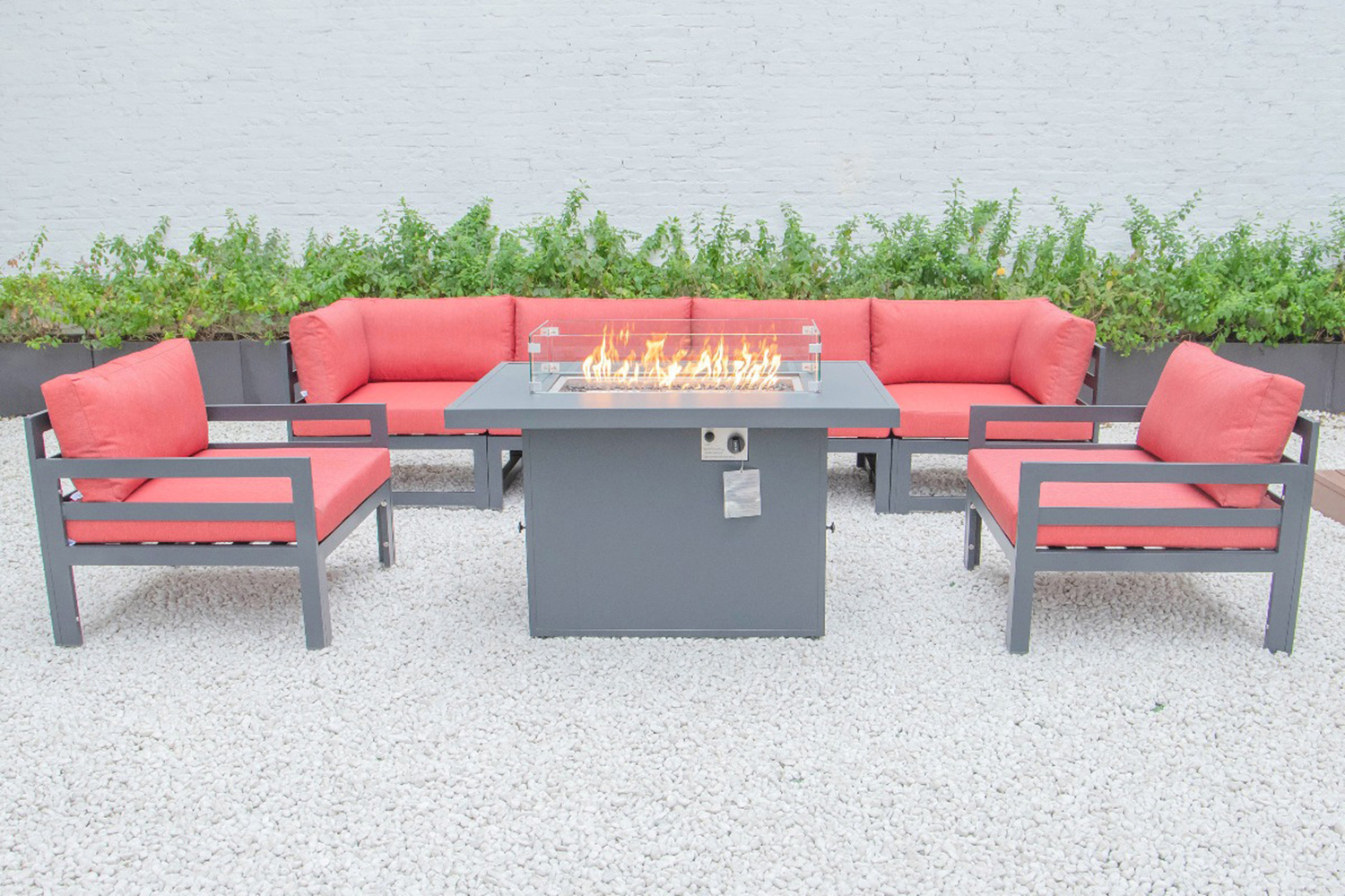 LeisureMod Chelsea 7-Piece Patio Sectional with 2 Arm Chairs and Fire Pit Table Black Aluminum with Cushions - Red