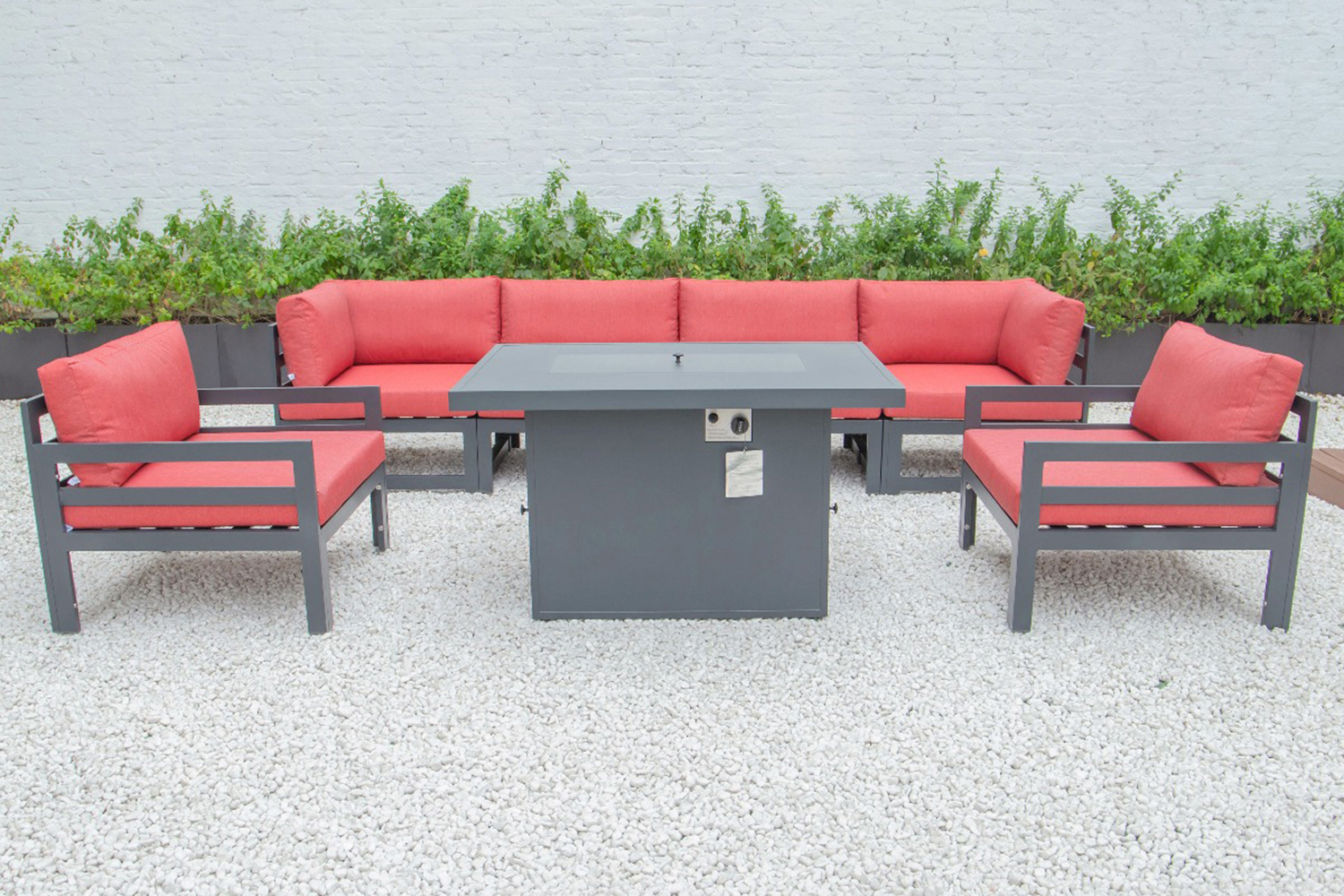 LeisureMod Chelsea 7-Piece Patio Sectional with 2 Arm Chairs and Fire Pit Table Black Aluminum with Cushions - Red