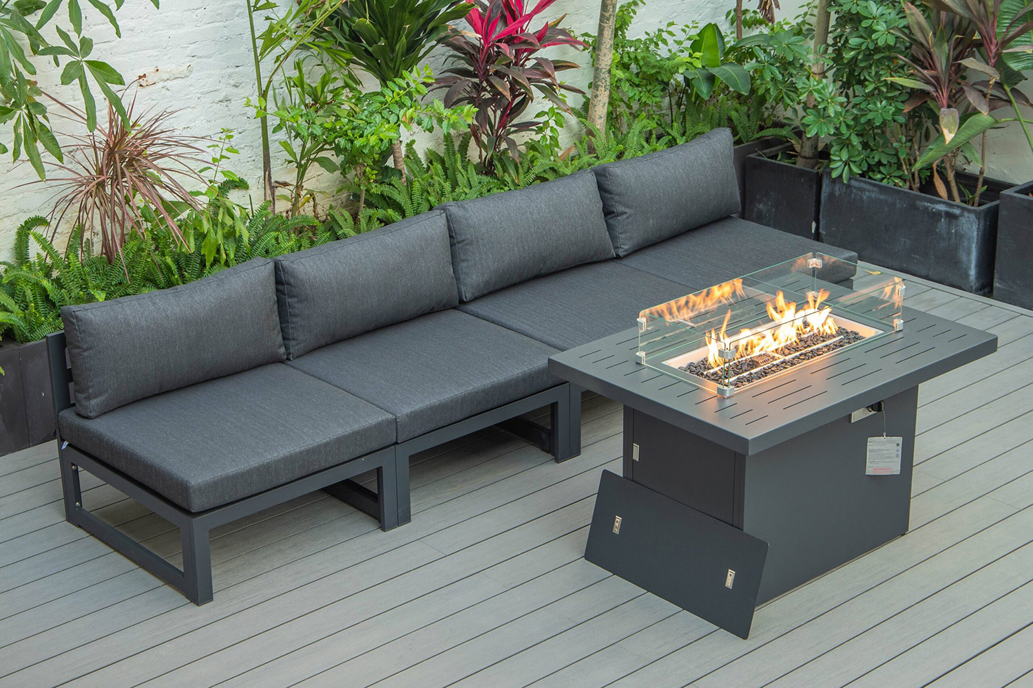 LeisureMod Chelsea 5-Piece Middle Patio Chairs and Fire Pit Table Set Black Aluminum with Cushions - Black