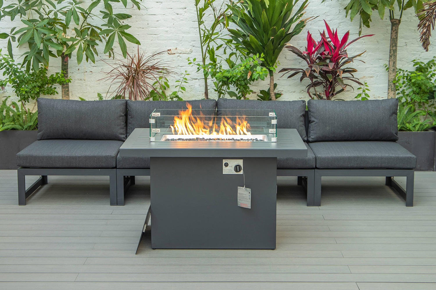 LeisureMod Chelsea 5-Piece Middle Patio Chairs and Fire Pit Table Set Black Aluminum with Cushions - Black