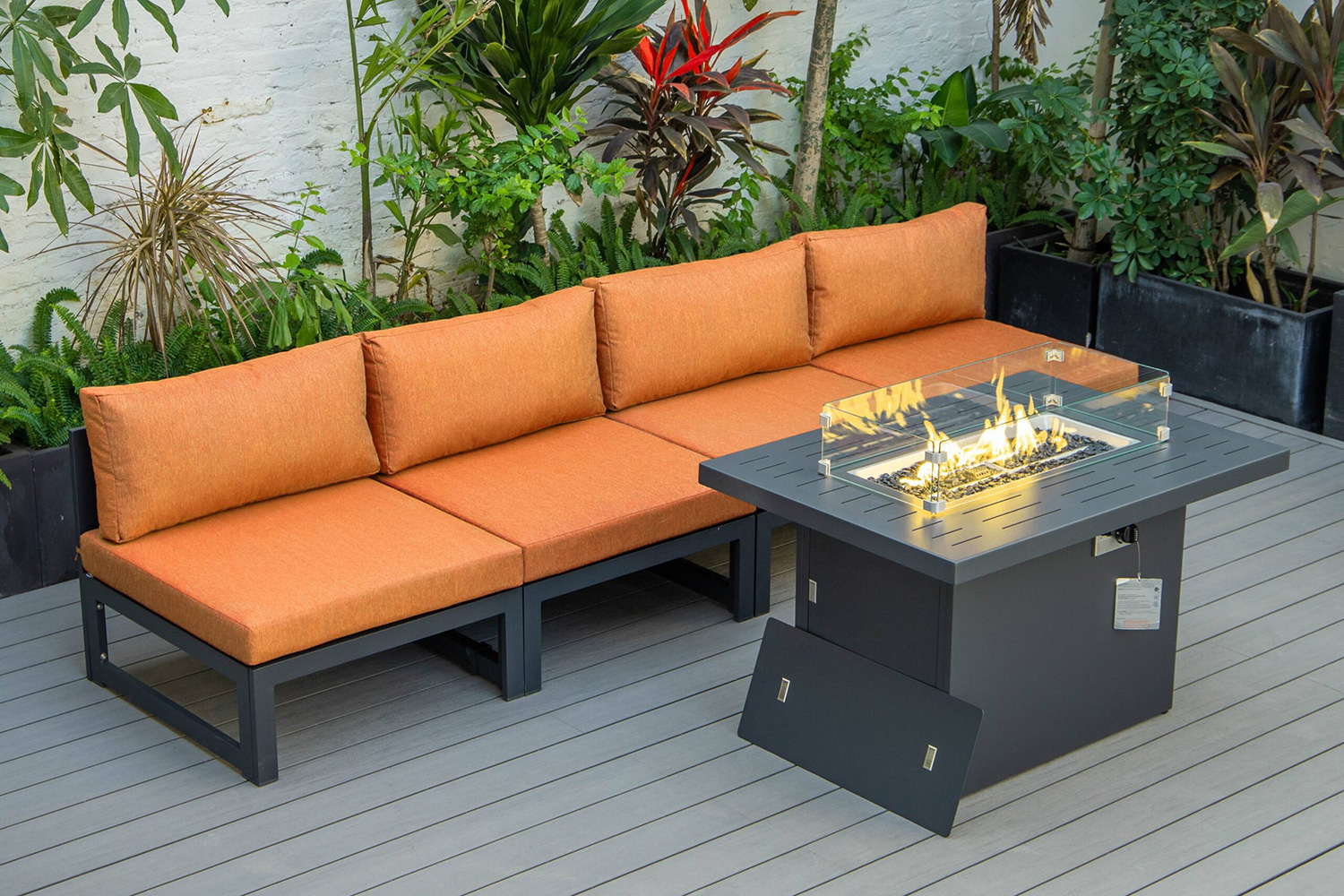 LeisureMod Chelsea 5-Piece Middle Patio Chairs and Fire Pit Table Set Black Aluminum with Cushions - Orange