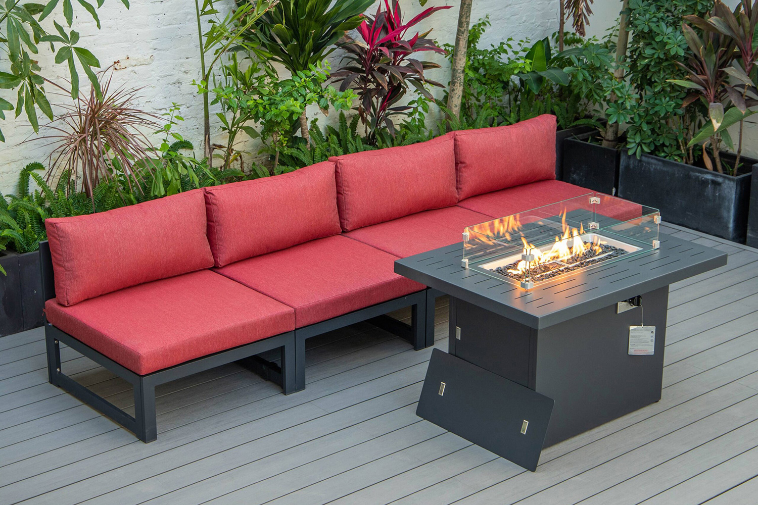 LeisureMod Chelsea 5-Piece Middle Patio Chairs and Fire Pit Table Set Black Aluminum with Cushions - Red