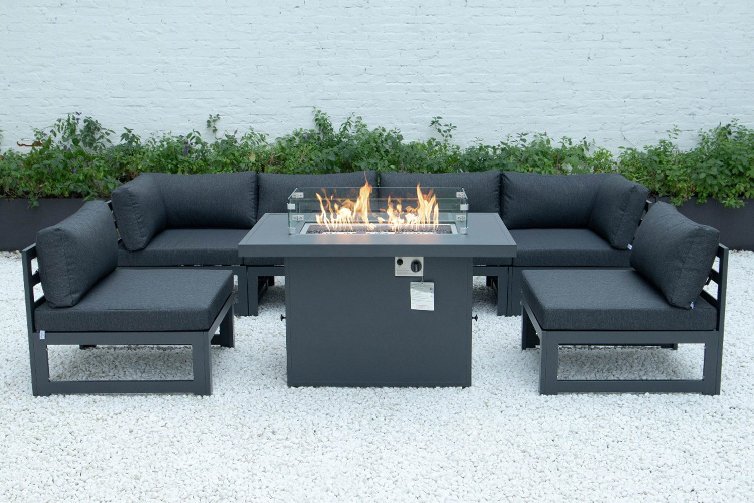 LeisureMod Chelsea 7-Piece Patio Sectional and Fire Pit Table Black Aluminum with Cushions - Black