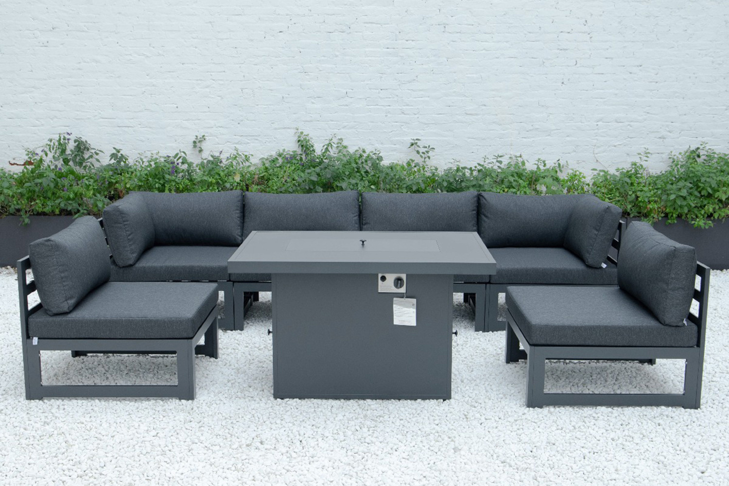 LeisureMod Chelsea 7-Piece Patio Sectional and Fire Pit Table Black Aluminum with Cushions - Black