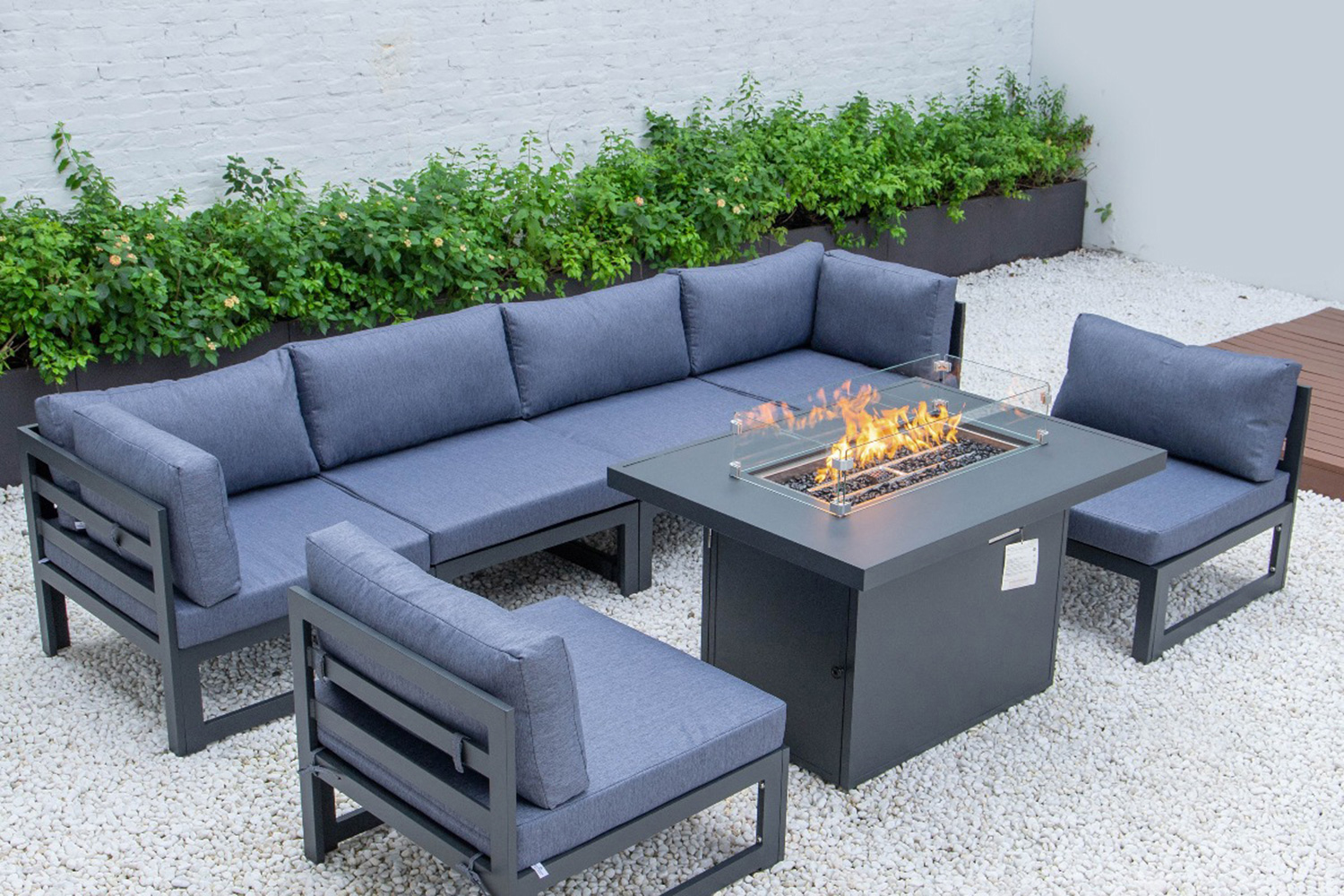 LeisureMod Chelsea 7-Piece Patio Sectional and Fire Pit Table Black Aluminum with Cushions - Blue