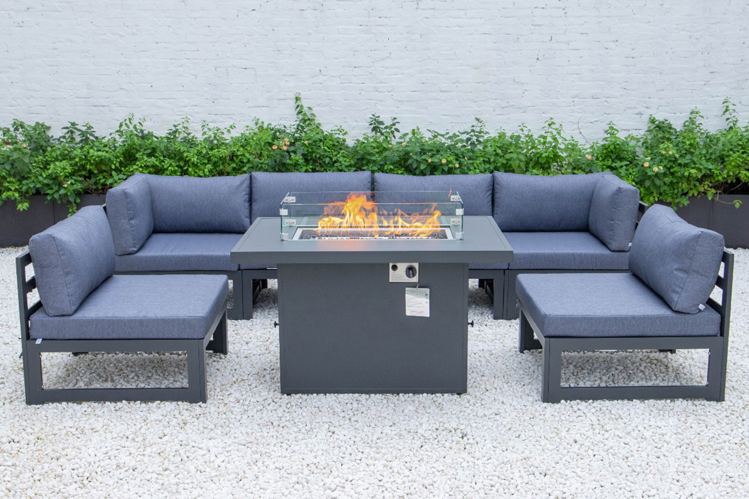 LeisureMod Chelsea 7-Piece Patio Sectional and Fire Pit Table Black Aluminum with Cushions - Blue