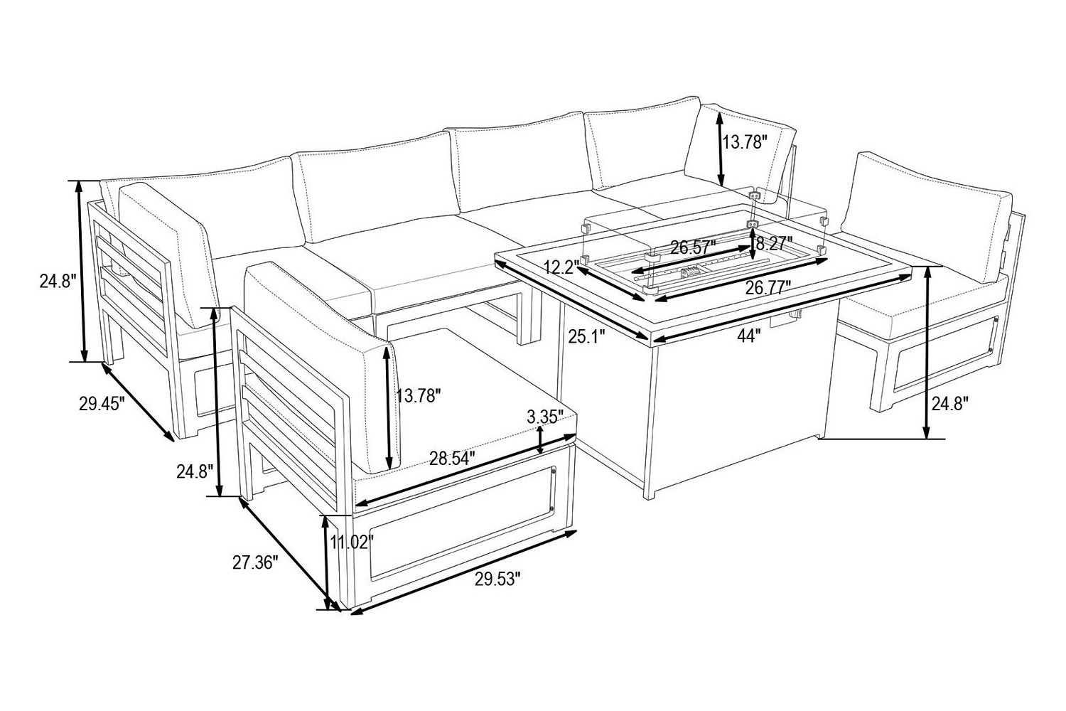 LeisureMod Chelsea 7-Piece Patio Sectional and Fire Pit Table Black Aluminum with Cushions - Green