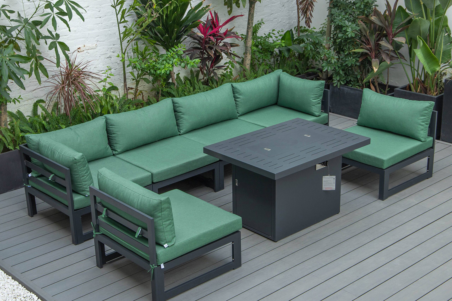 LeisureMod Chelsea 7-Piece Patio Sectional and Fire Pit Table Black Aluminum with Cushions - Green