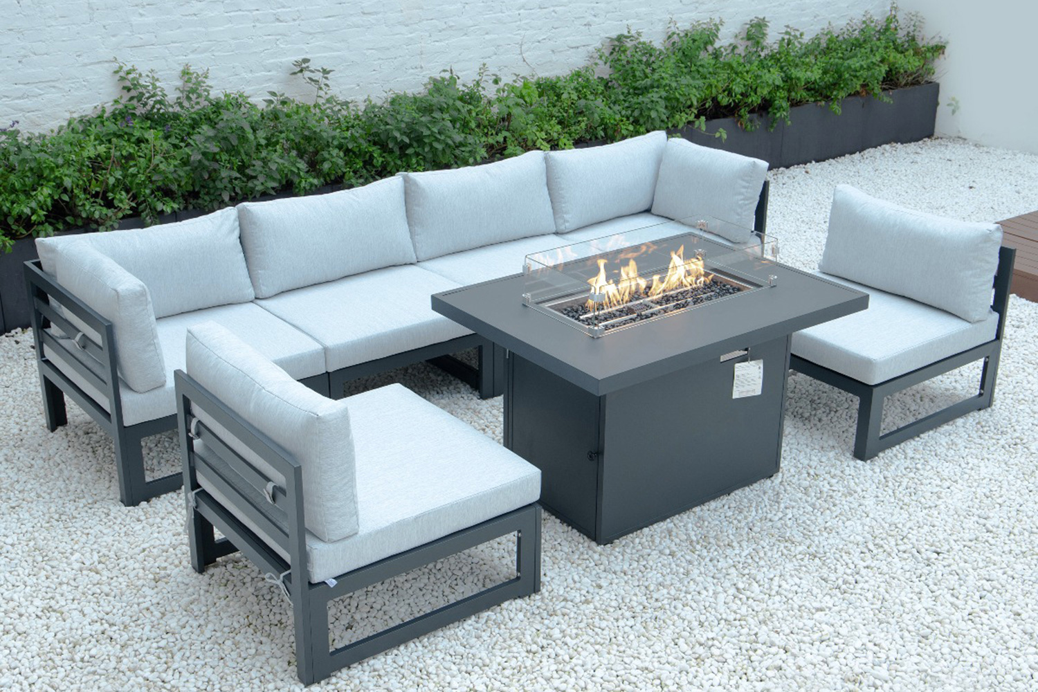 LeisureMod Chelsea 7-Piece Patio Sectional and Fire Pit Table Black Aluminum with Cushions