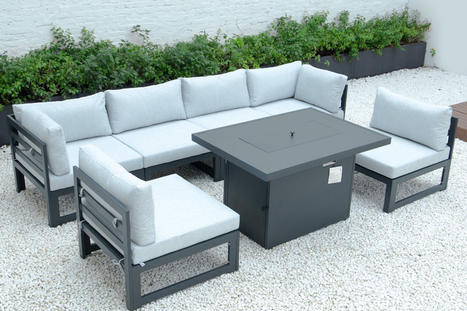 LeisureMod Chelsea 7-Piece Patio Sectional and Fire Pit Table Black Aluminum with Cushions - Light Gray