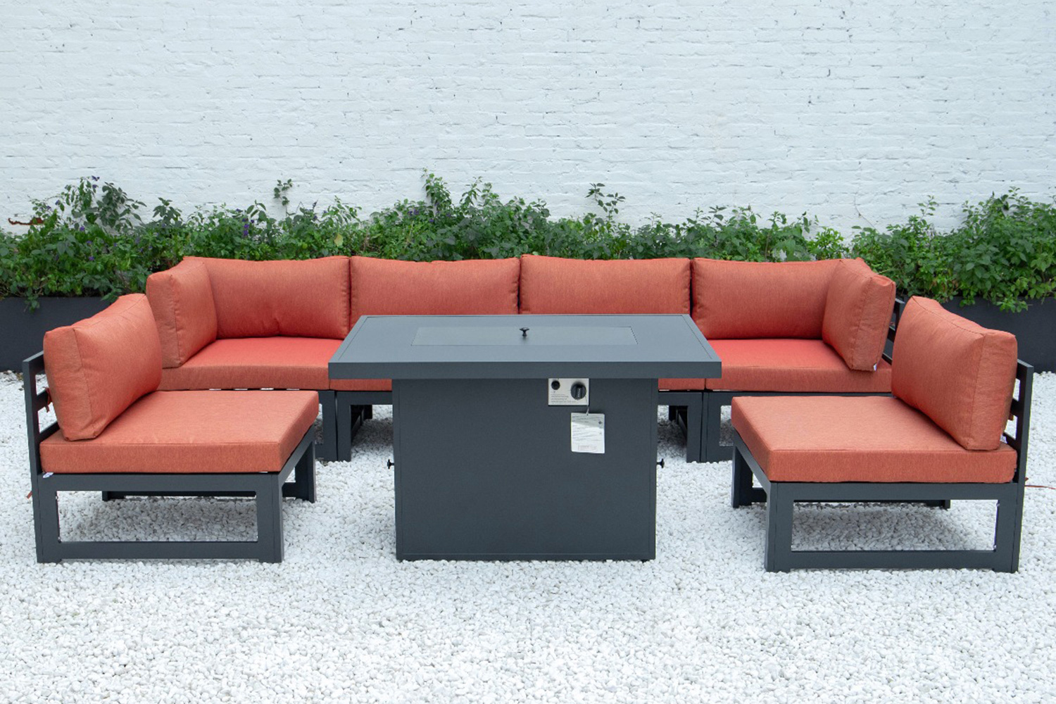 LeisureMod Chelsea 7-Piece Patio Sectional and Fire Pit Table Black Aluminum with Cushions - Orange