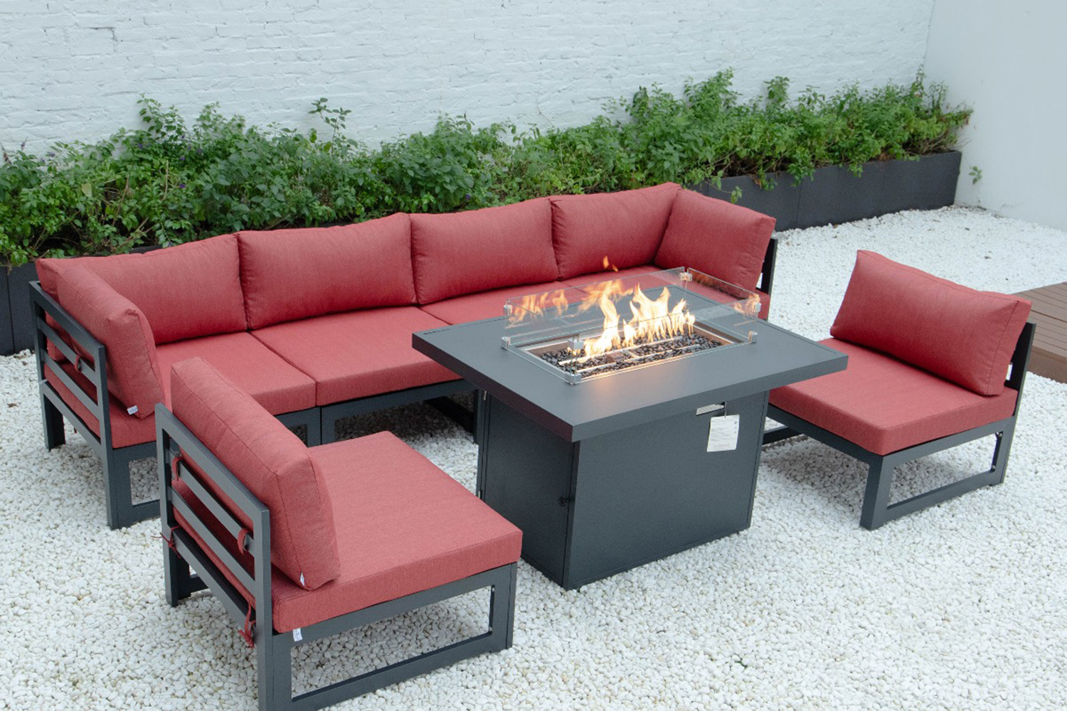 LeisureMod Chelsea 7-Piece Patio Sectional and Fire Pit Table Black Aluminum with Cushions