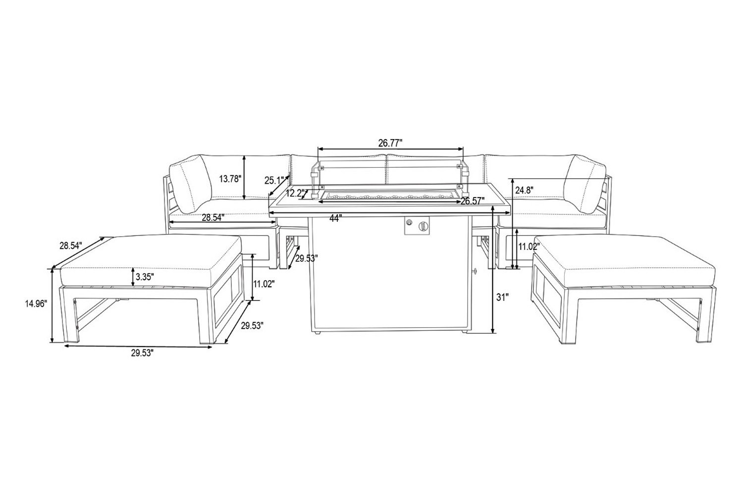 LeisureMod Chelsea 7-Piece Patio Ottoman Sectional and Fire Pit Table Black Aluminum with Cushions - Beige