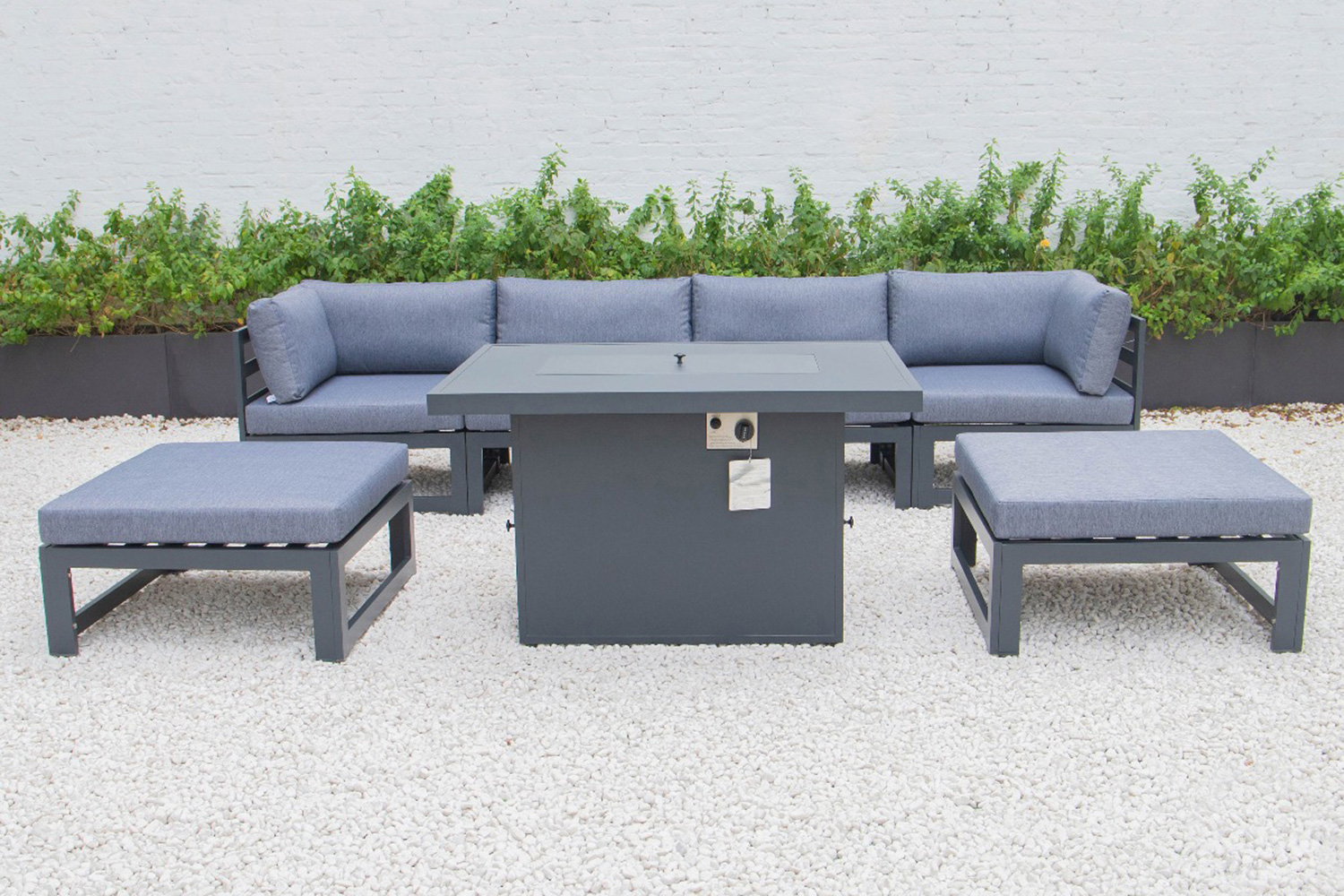 LeisureMod Chelsea 7-Piece Patio Ottoman Sectional and Fire Pit Table Black Aluminum with Cushions - Blue