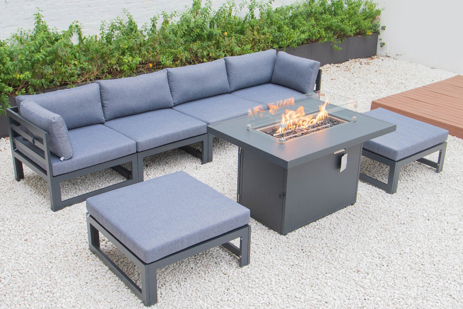 LeisureMod Chelsea 7-Piece Patio Ottoman Sectional and Fire Pit Table Black Aluminum with Cushions - Blue