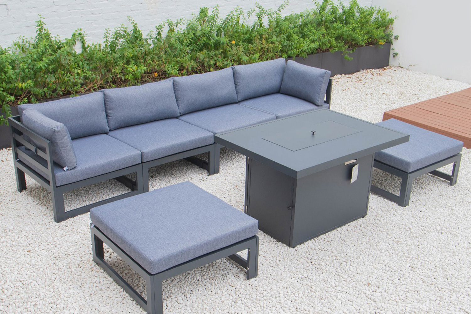 LeisureMod Chelsea 7-Piece Patio Ottoman Sectional and Fire Pit Table Black Aluminum with Cushions - Blue