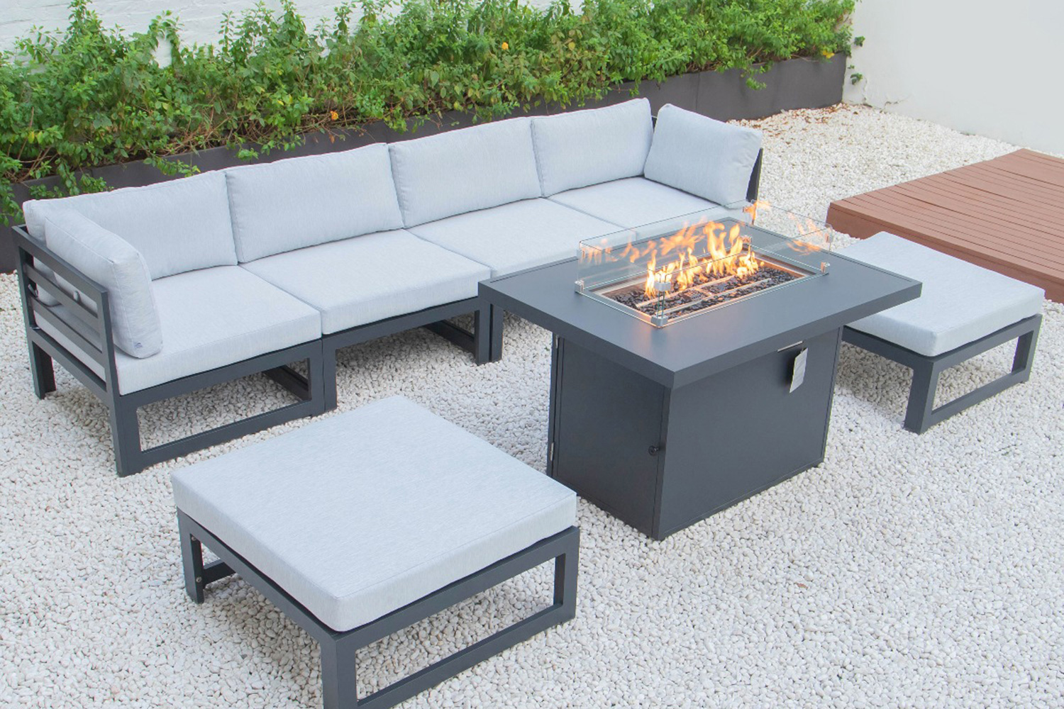 LeisureMod Chelsea 7-Piece Patio Ottoman Sectional and Fire Pit Table Black Aluminum with Cushions - Light Gray