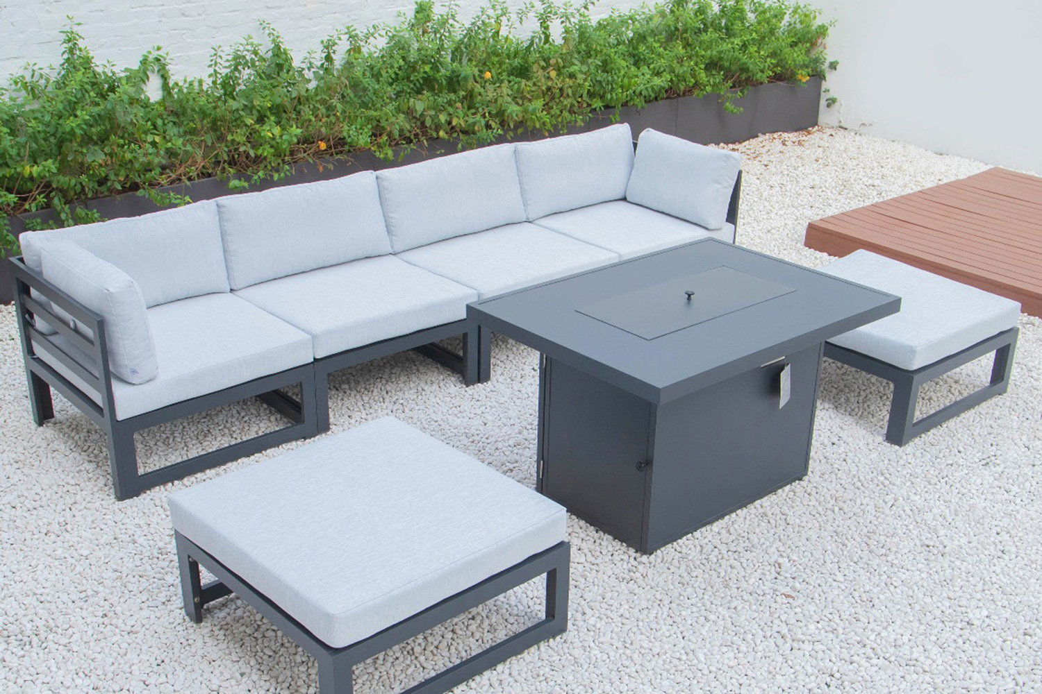 LeisureMod Chelsea 7-Piece Patio Ottoman Sectional and Fire Pit Table Black Aluminum with Cushions - Light Gray