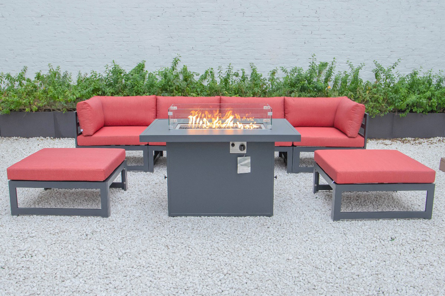 LeisureMod Chelsea 7-Piece Patio Ottoman Sectional and Fire Pit Table Black Aluminum with Cushions