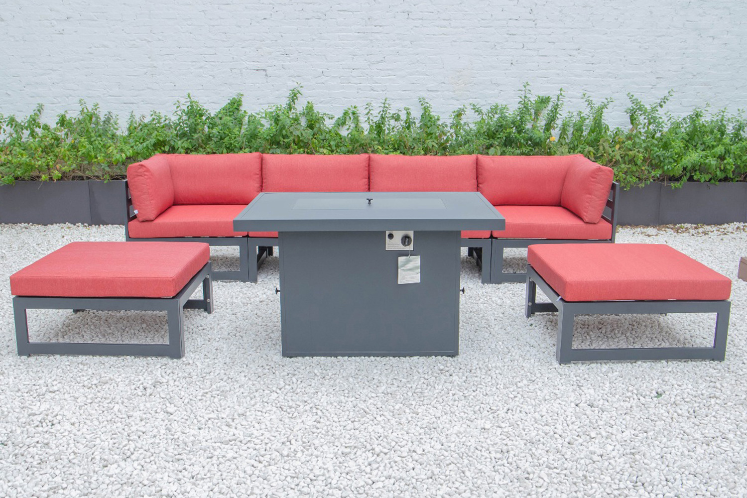 LeisureMod Chelsea 7-Piece Patio Ottoman Sectional and Fire Pit Table Black Aluminum with Cushions - Red