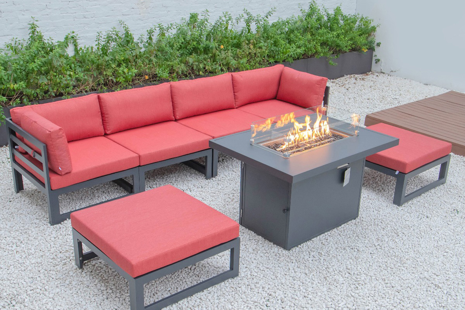 LeisureMod Chelsea 7-Piece Patio Ottoman Sectional and Fire Pit Table Black Aluminum with Cushions - Red