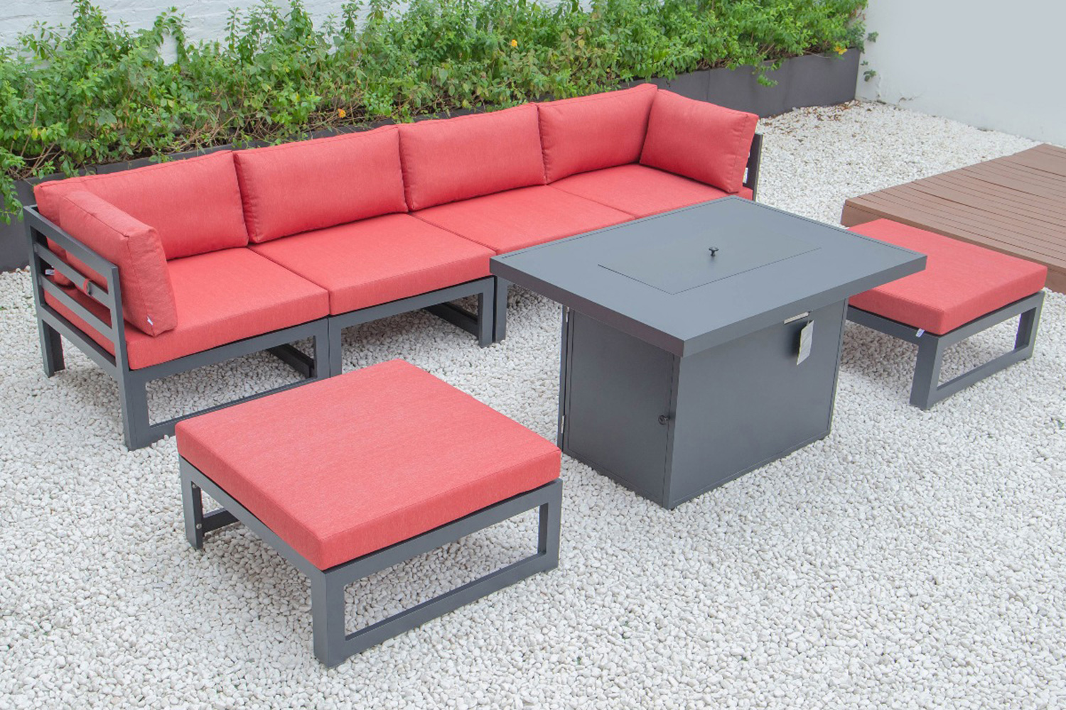 LeisureMod Chelsea 7-Piece Patio Ottoman Sectional and Fire Pit Table Black Aluminum with Cushions - Red