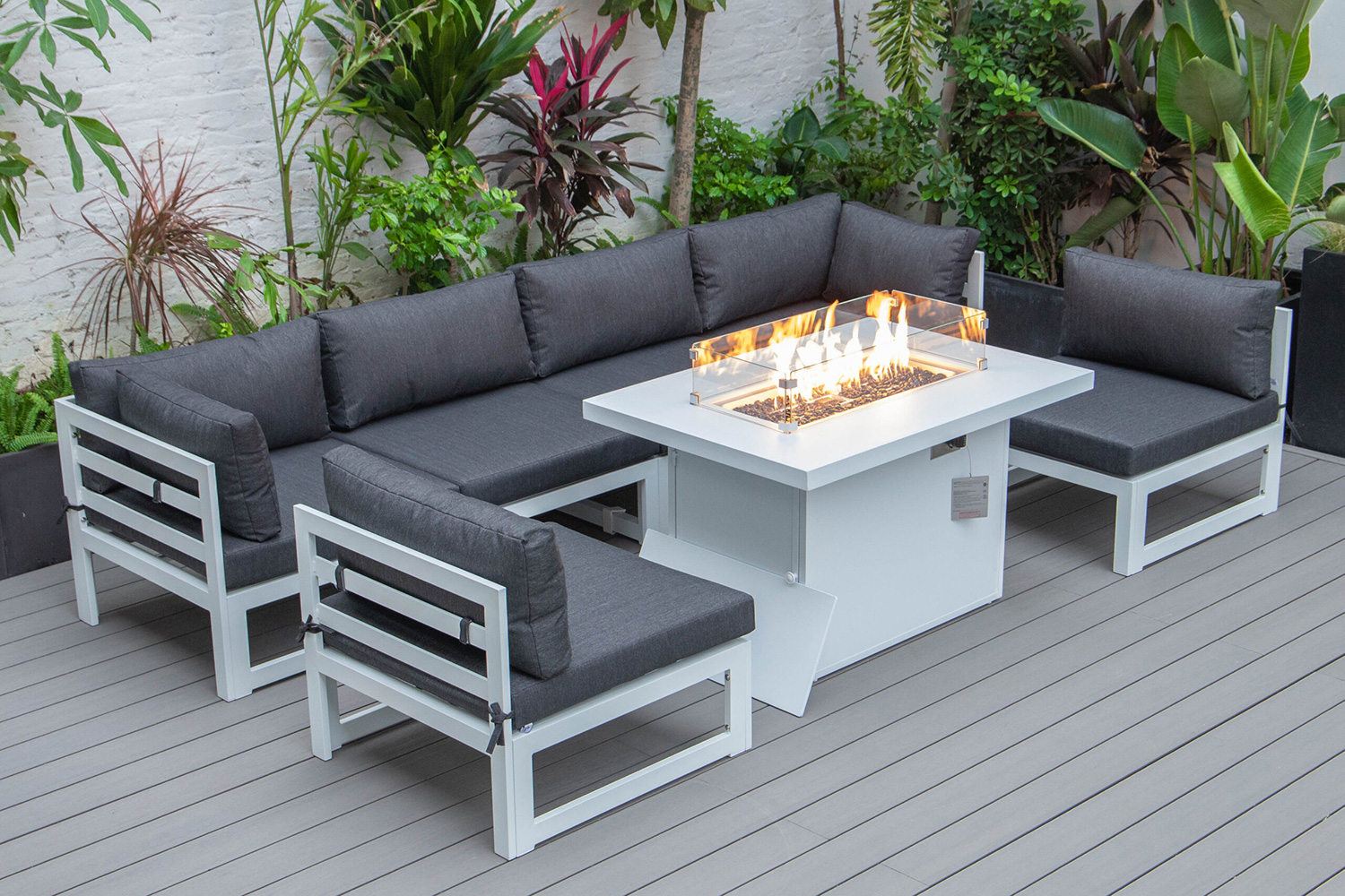 LeisureMod Chelsea 7-Piece Patio Sectional and Fire Pit Table Black Aluminum with Cushions