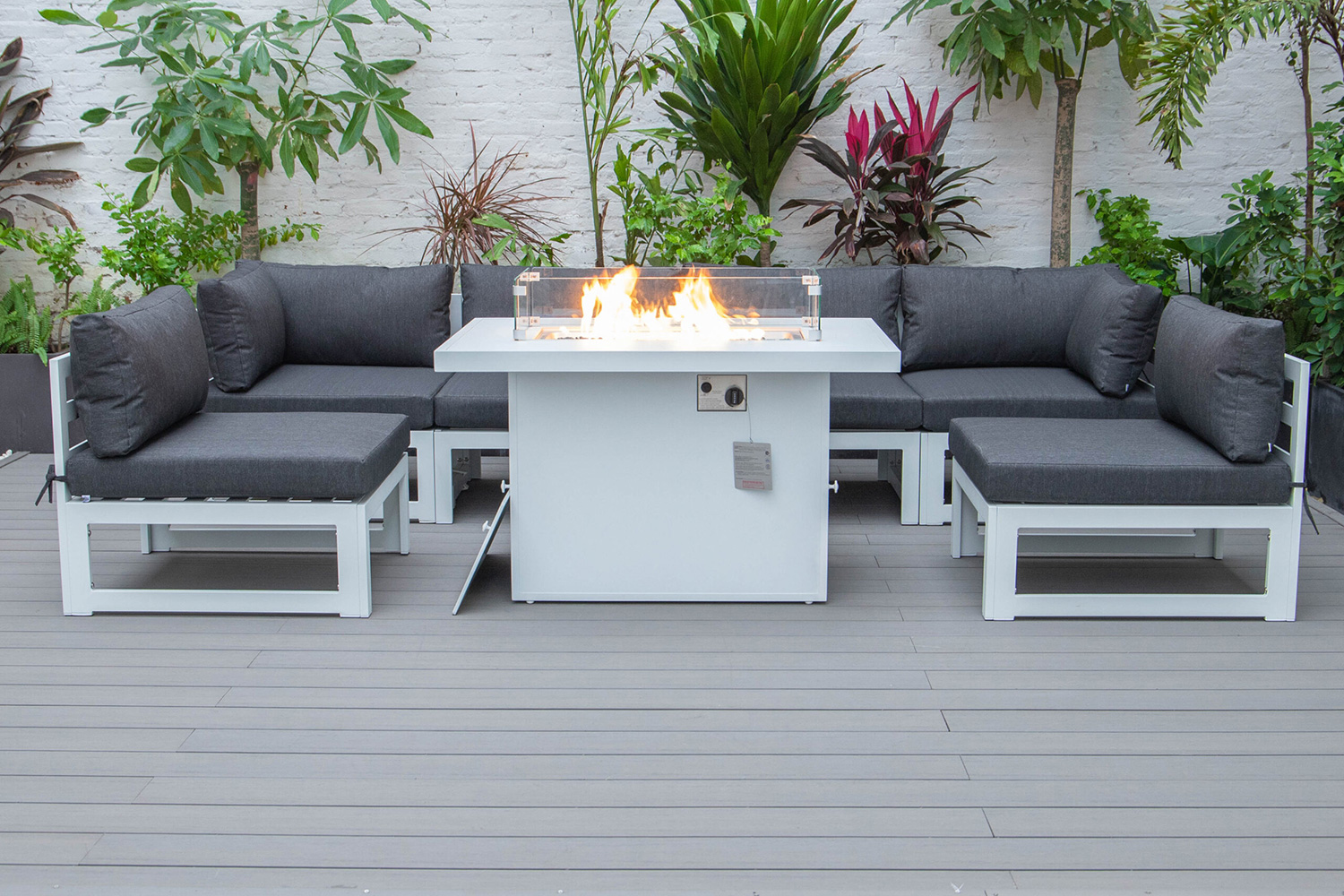 LeisureMod Chelsea 7-Piece Patio Sectional and Fire Pit Table In White Aluminum with Cushions - Black