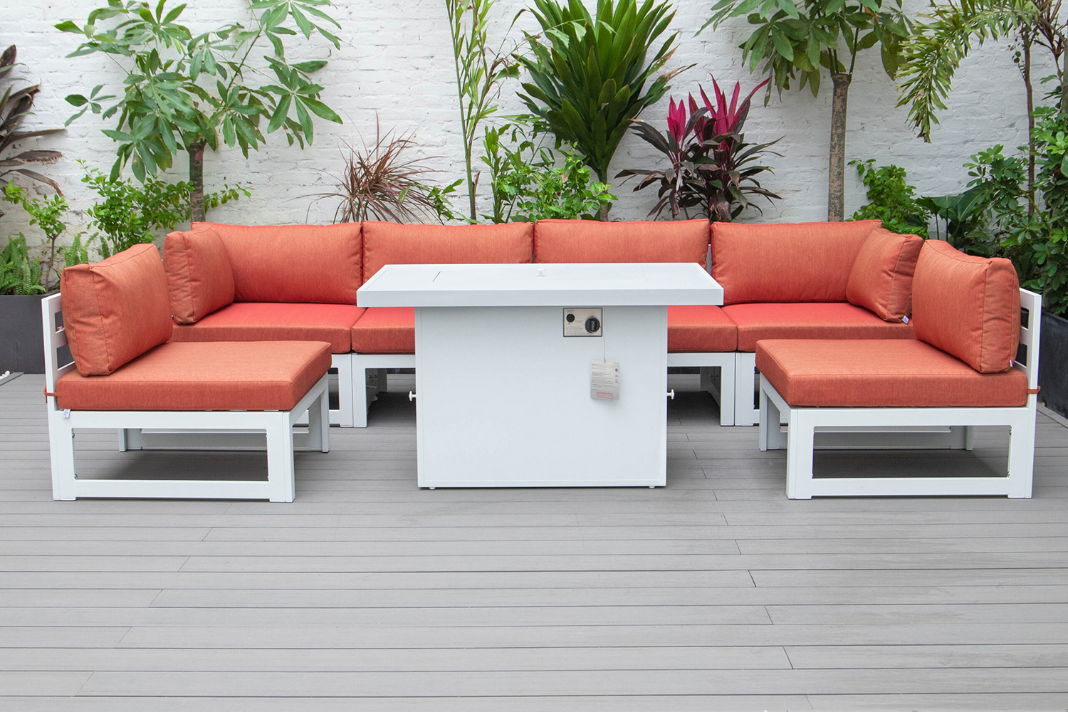 LeisureMod Chelsea 7-Piece Patio Sectional and Fire Pit Table In White Aluminum with Cushions - Orange