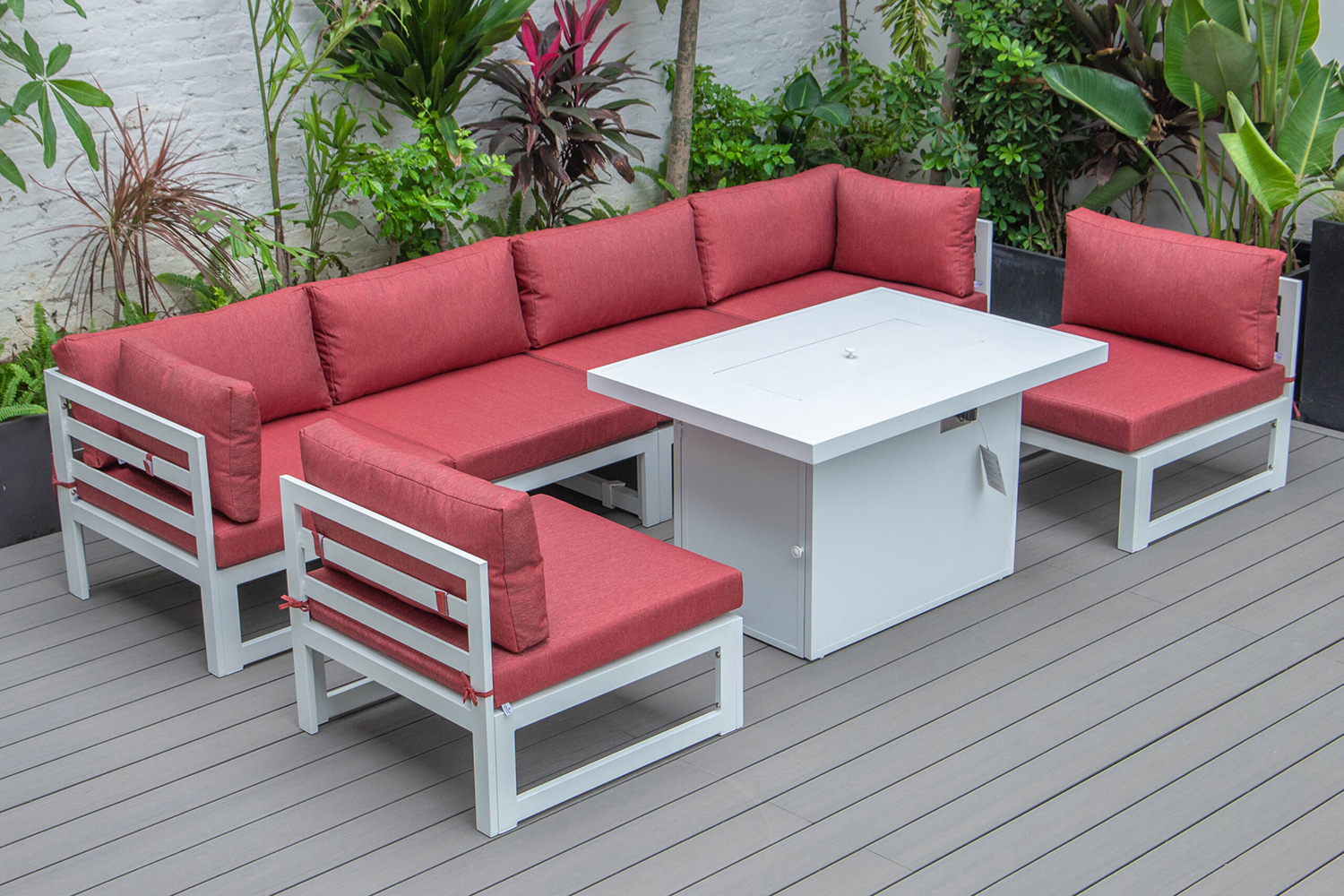 LeisureMod Chelsea 7-Piece Patio Sectional and Fire Pit Table In White Aluminum with Cushions - Red