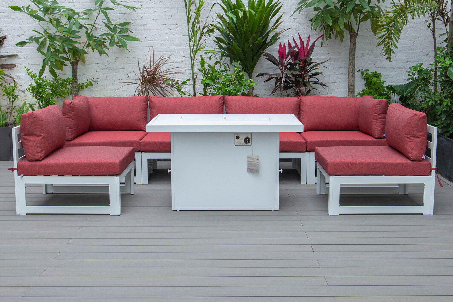 LeisureMod Chelsea 7-Piece Patio Sectional and Fire Pit Table In White Aluminum with Cushions - Red